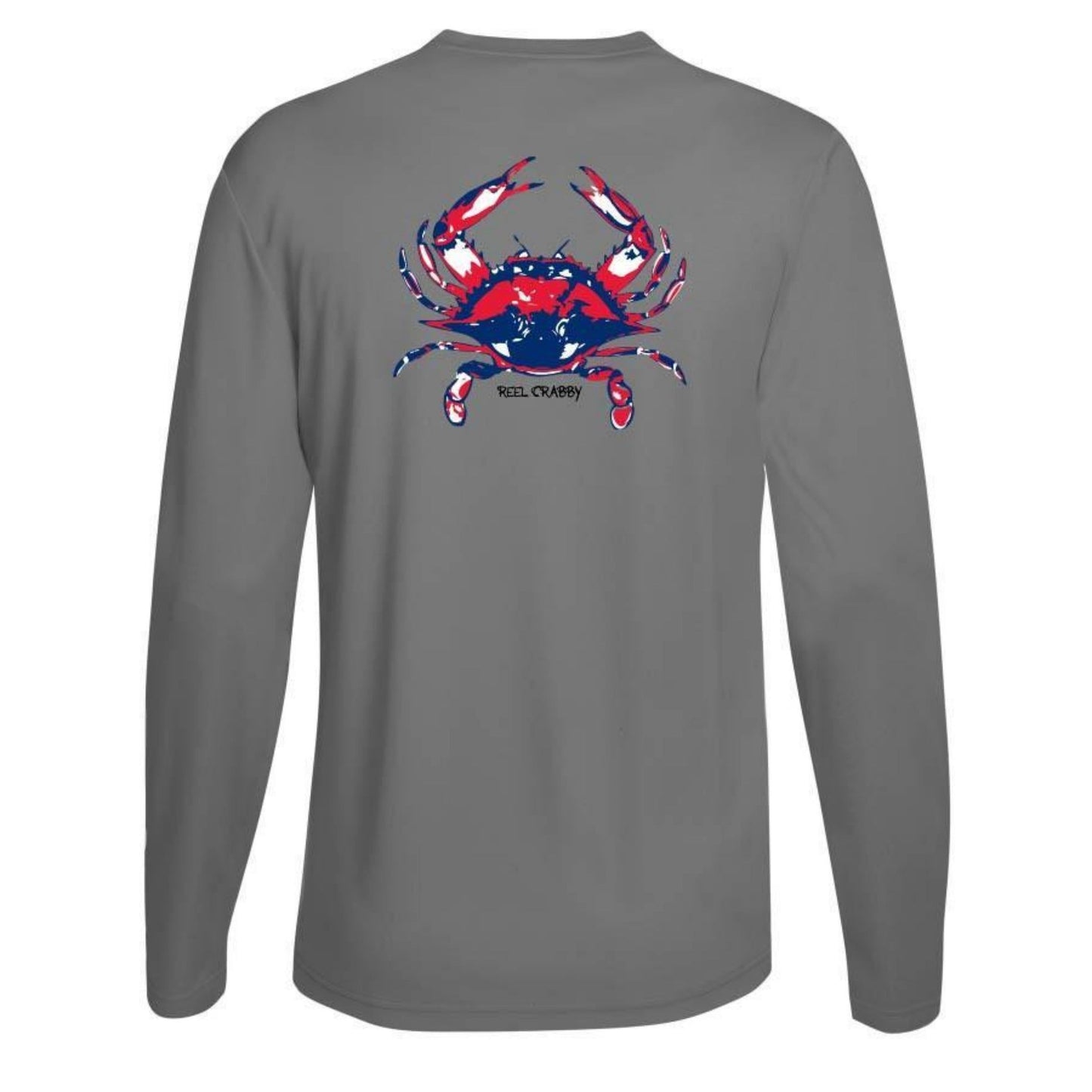 Gray long sleeve Reel Crabby performance shirt featuring blue crab design with 50+ UPF sun protection
