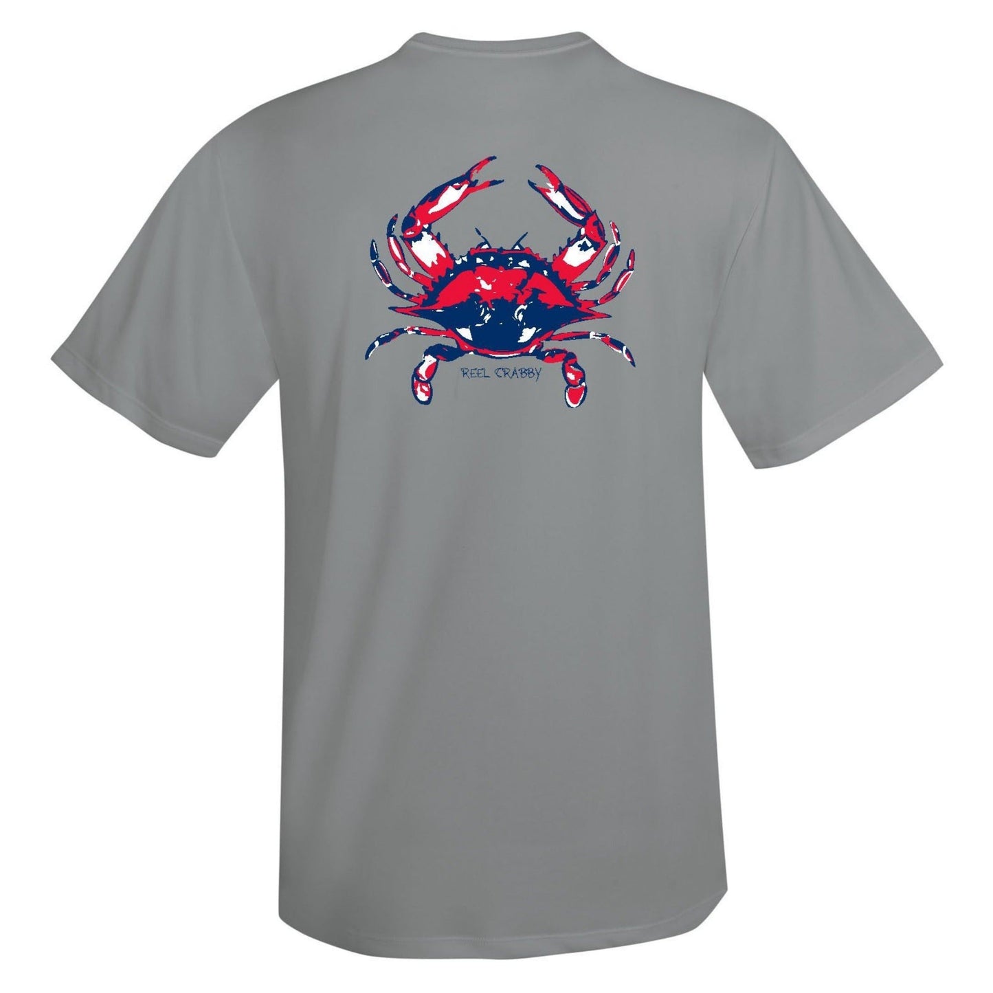Gray short sleeve Reel Crabby performance shirt featuring blue crab design with 50+ UPF sun protection
