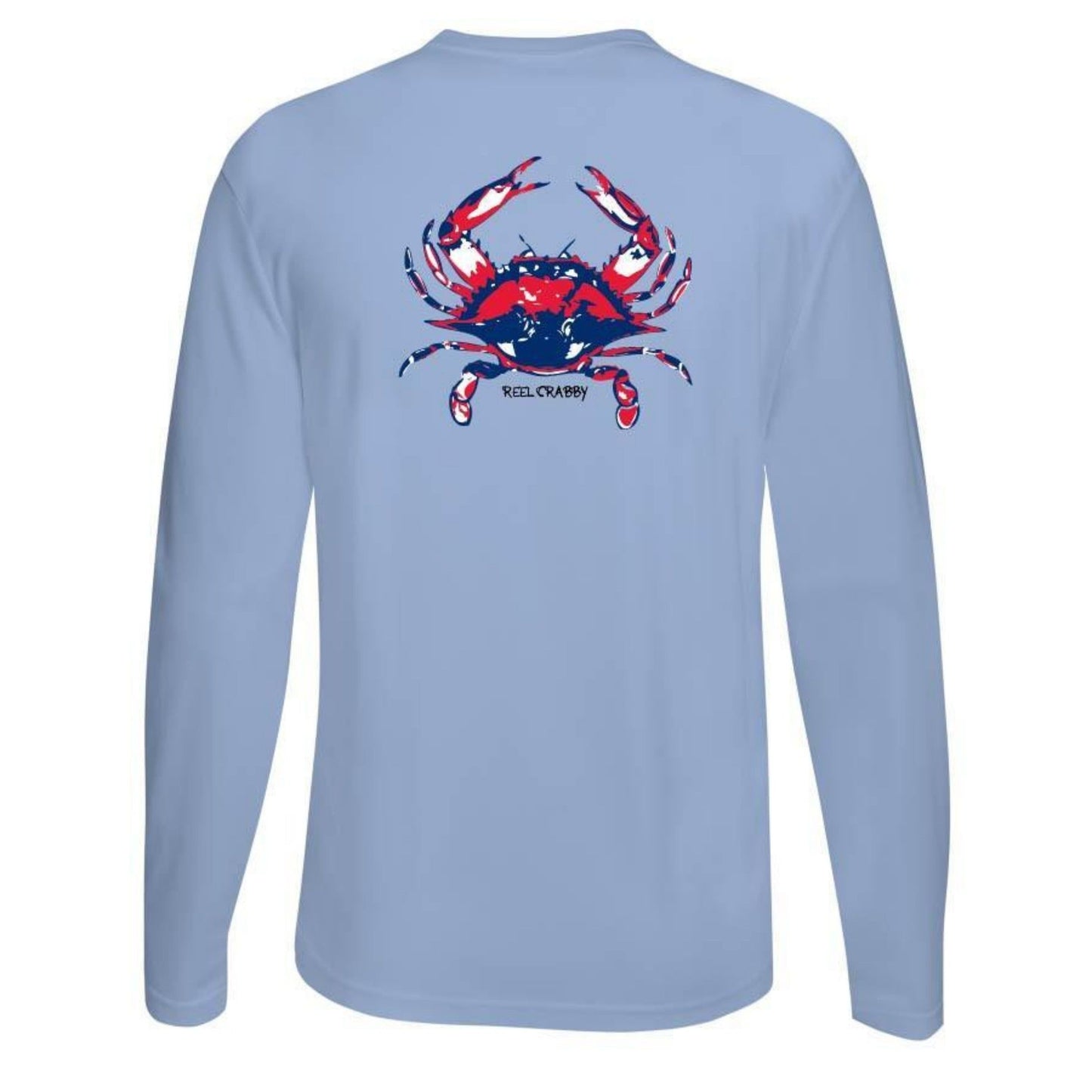 Light blue long sleeve Reel Crabby performance shirt featuring blue crab design with 50+ UPF sun protection
