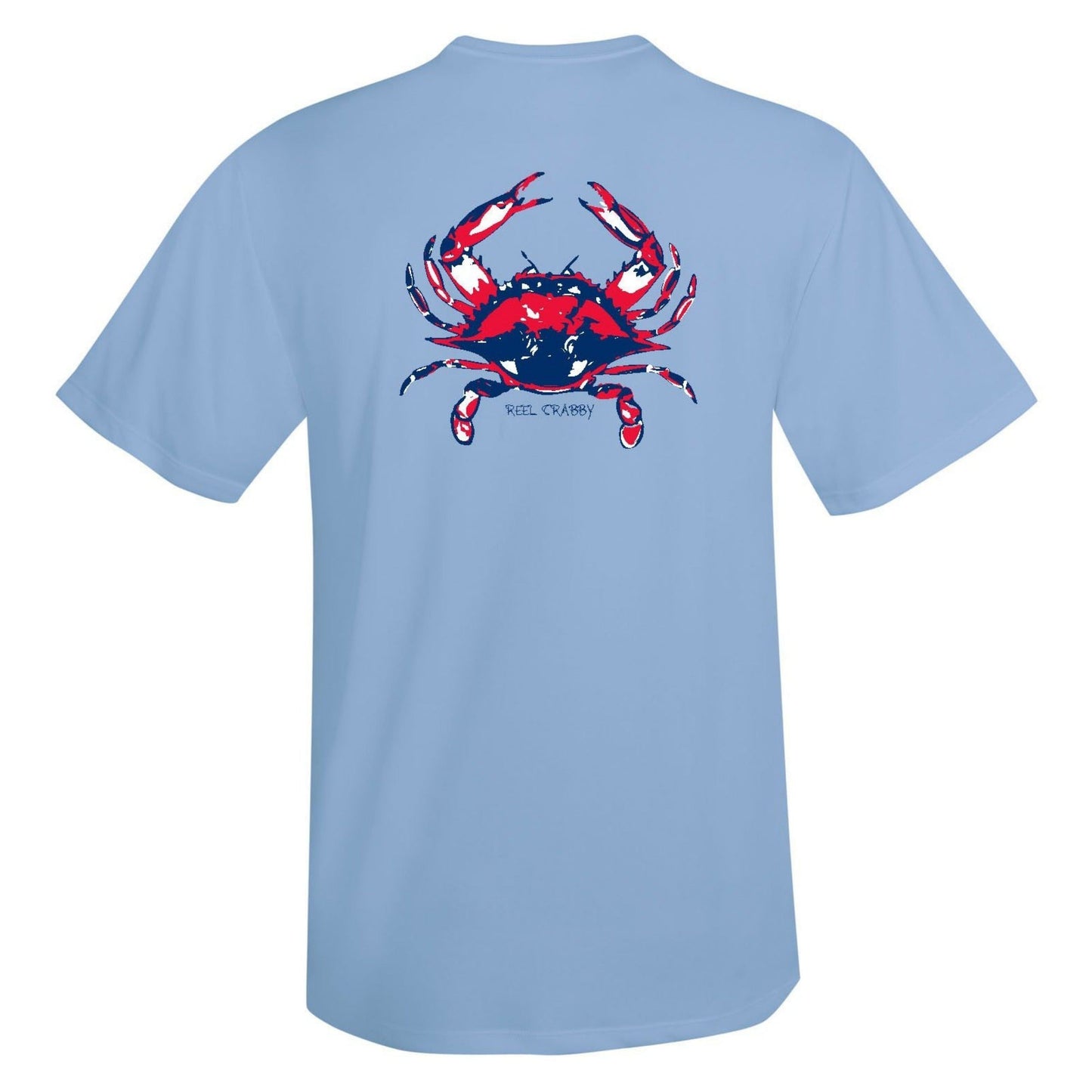 Light blue short sleeve Reel Crabby performance shirt featuring blue crab design with 50+ UPF sun protection