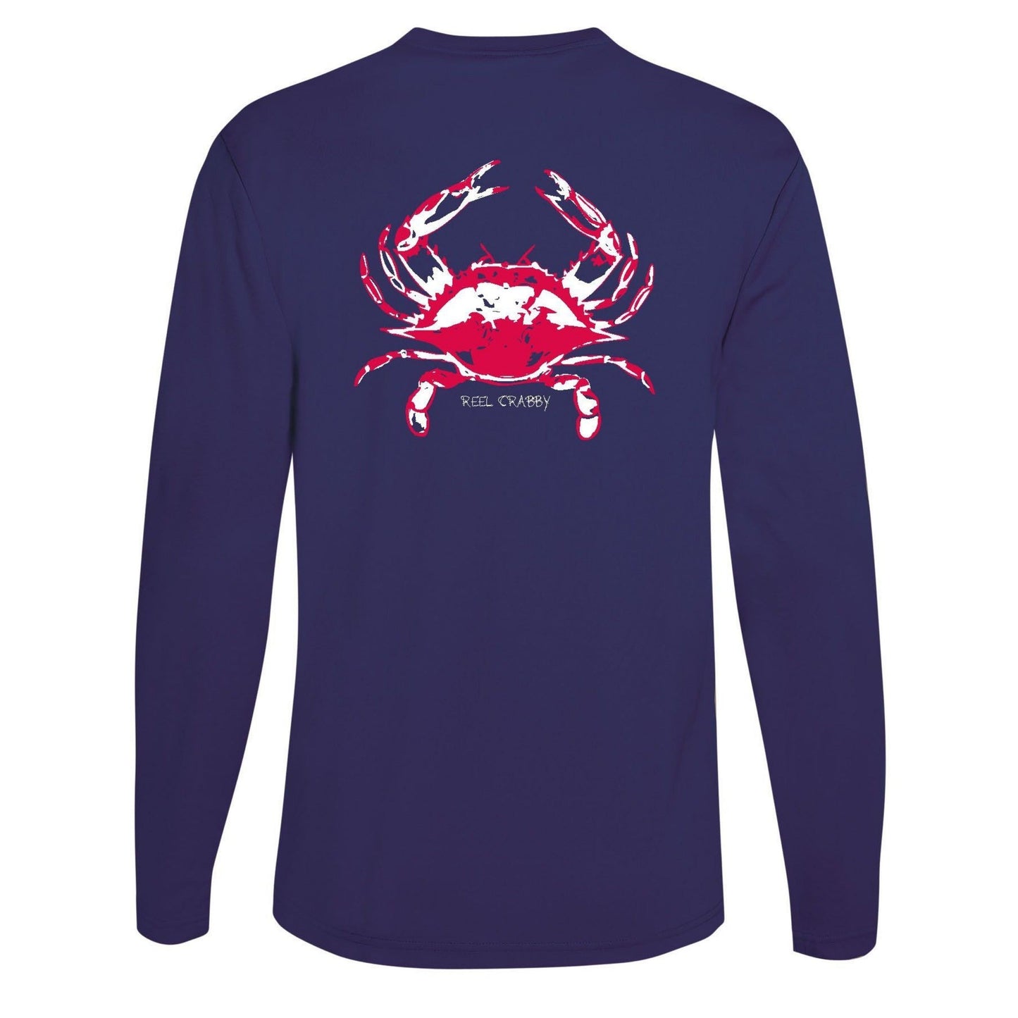 Navy long sleeve Reel Crabby performance shirt featuring blue crab design with 50+ UPF sun protection