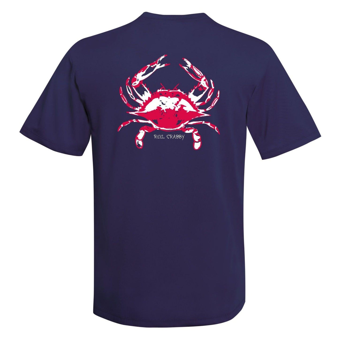 Navy short sleeve Reel Crabby performance shirt featuring blue crab design with 50+ UPF sun protection
