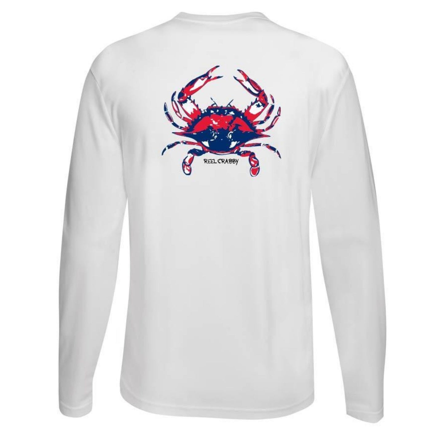 White long sleeve Reel Crabby performance shirt featuring blue crab design with 50+ UPF sun protection