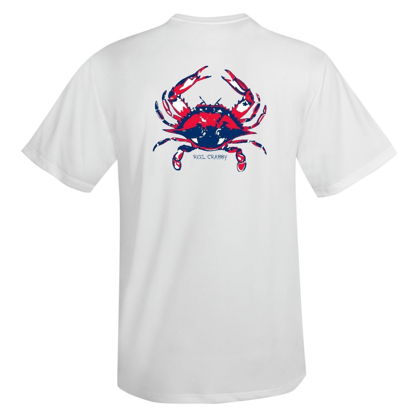 White short sleeve Reel Crabby performance shirt featuring blue crab design with 50+ UPF sun protection