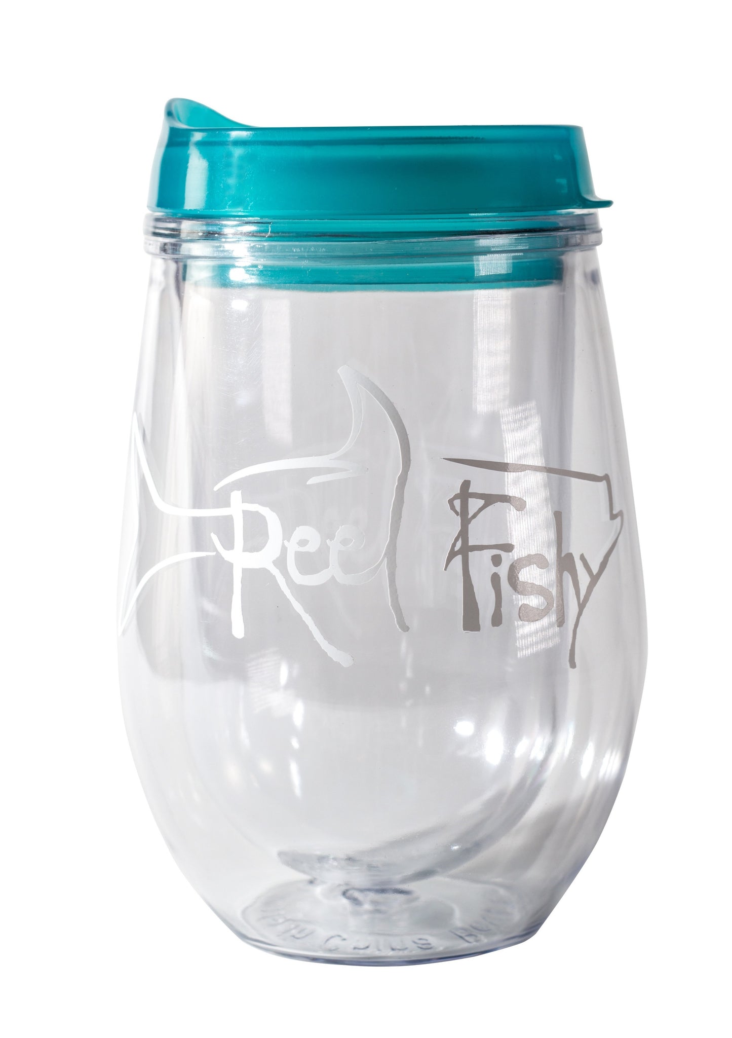 Bev2Go Acrylic Wine Insulated Stemless Tumbler - Aqua Lid with White Reel Fishy Tarpon Logo