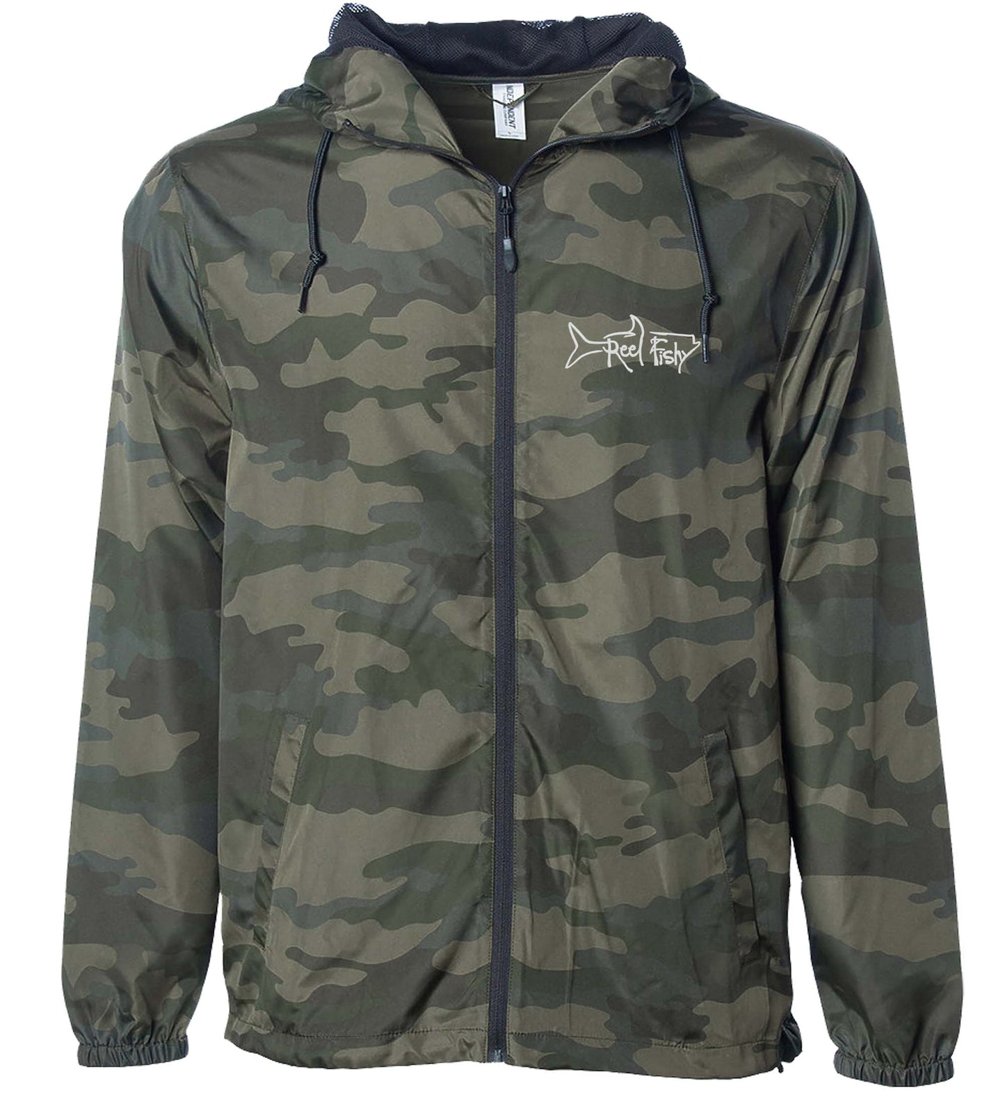 Forest Camo lightweight windbreaker jacket with hood, water resistant, full zip front closure
