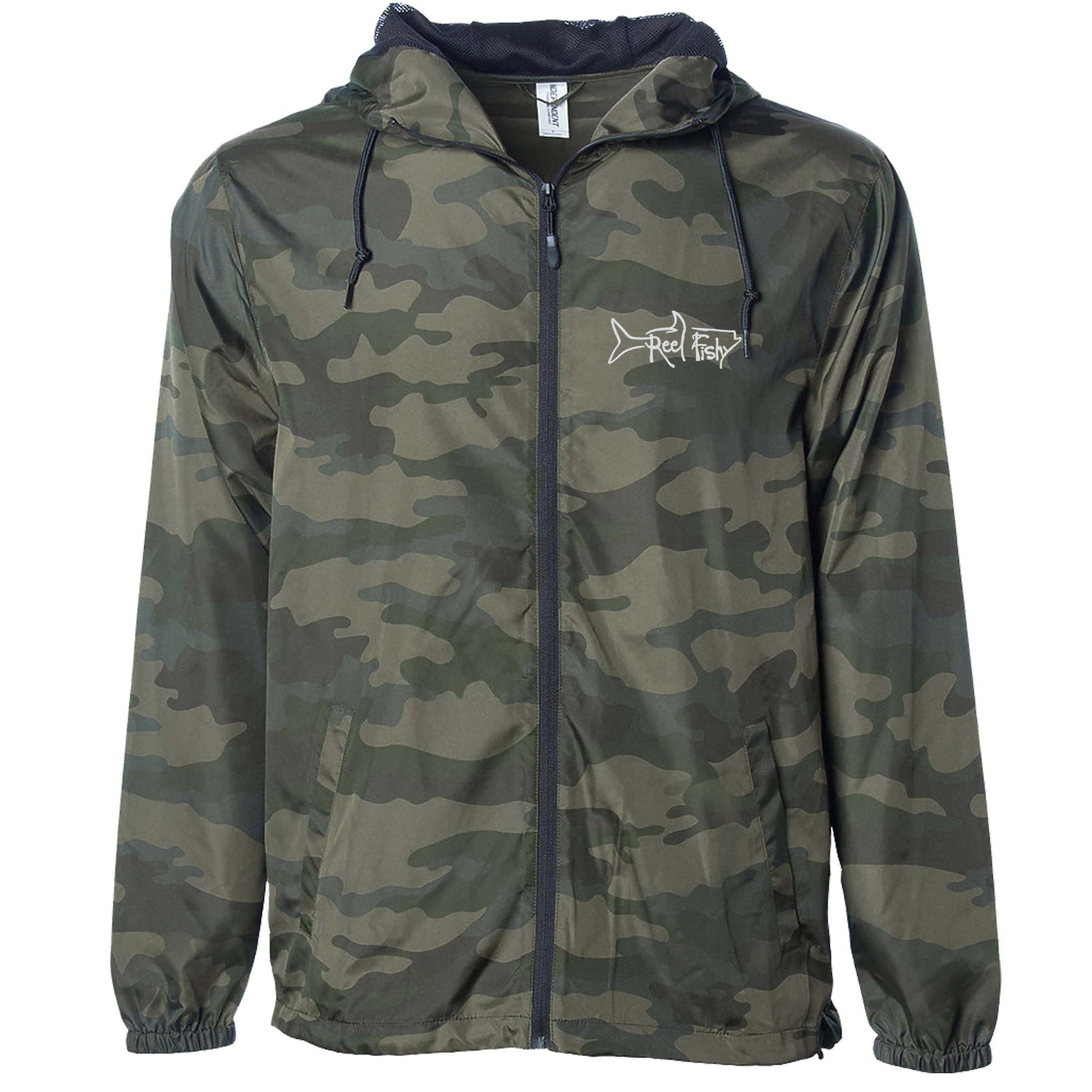 Forest Camo lightweight windbreaker jacket with hood, water resistant, full zip front closure