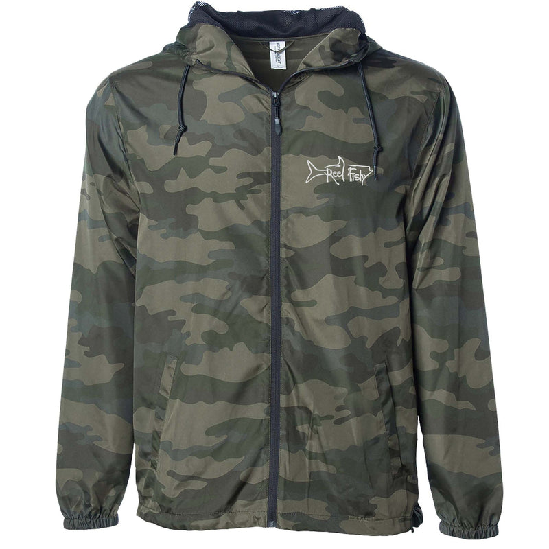 Forest Camo lightweight windbreaker jacket with hood, water resistant, full zip front closure