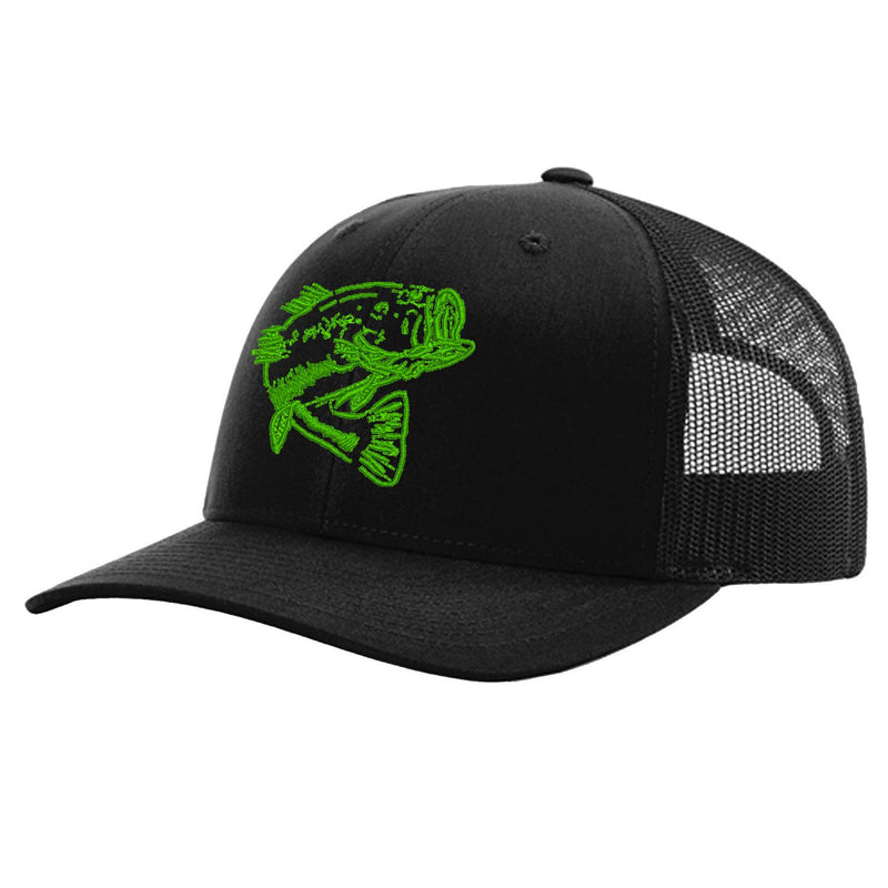 Green Bass on Solid Black Trucker Hat with Richardson 112 by Reel Fishy Apparel