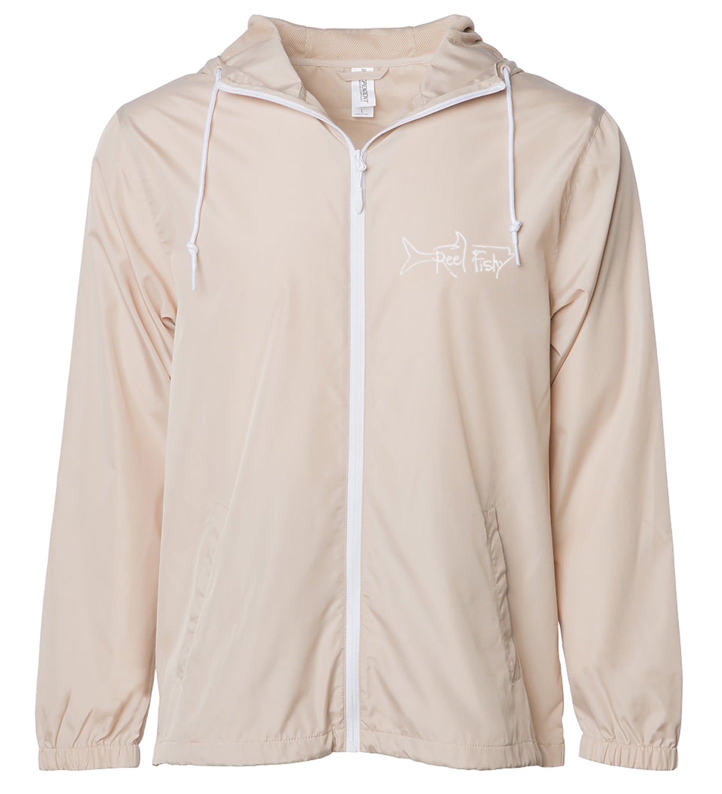Khaki lightweight windbreaker jacket with hood, water resistant, full zip front closure