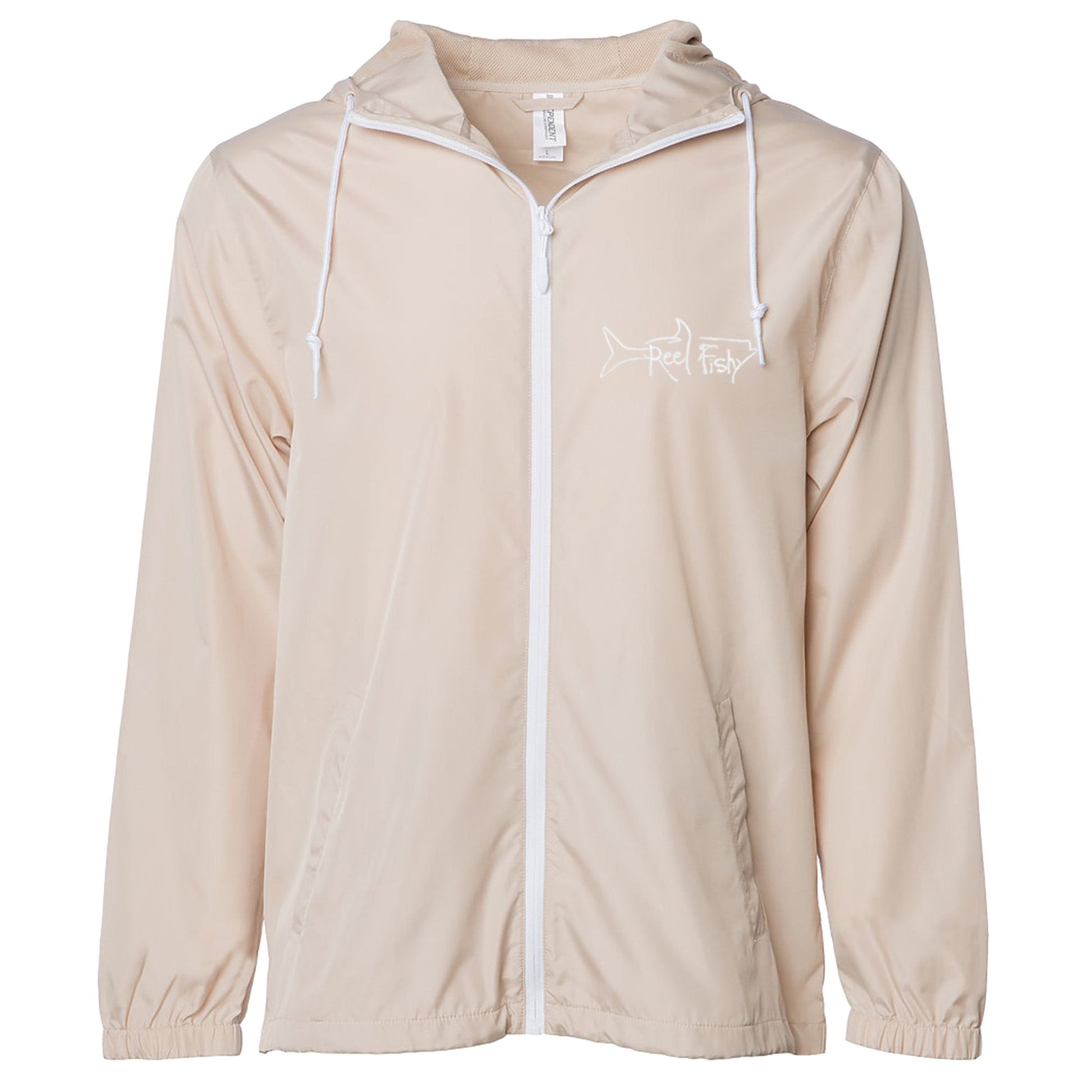 Khaki lightweight windbreaker jacket with hood, water resistant, full zip front closure