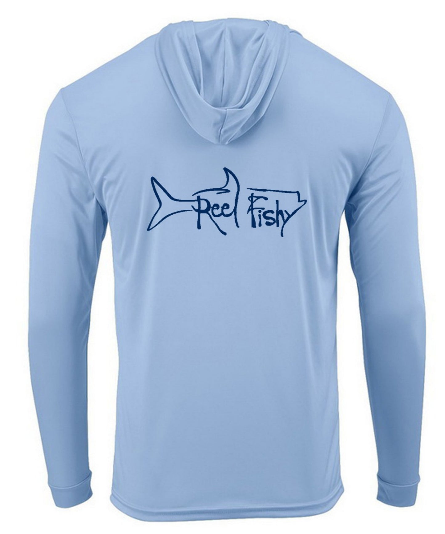 Blue Mist Reel Fishy Tarpon performance hoodie fishing shirt with long sleeves and 50+ UPF sun protection