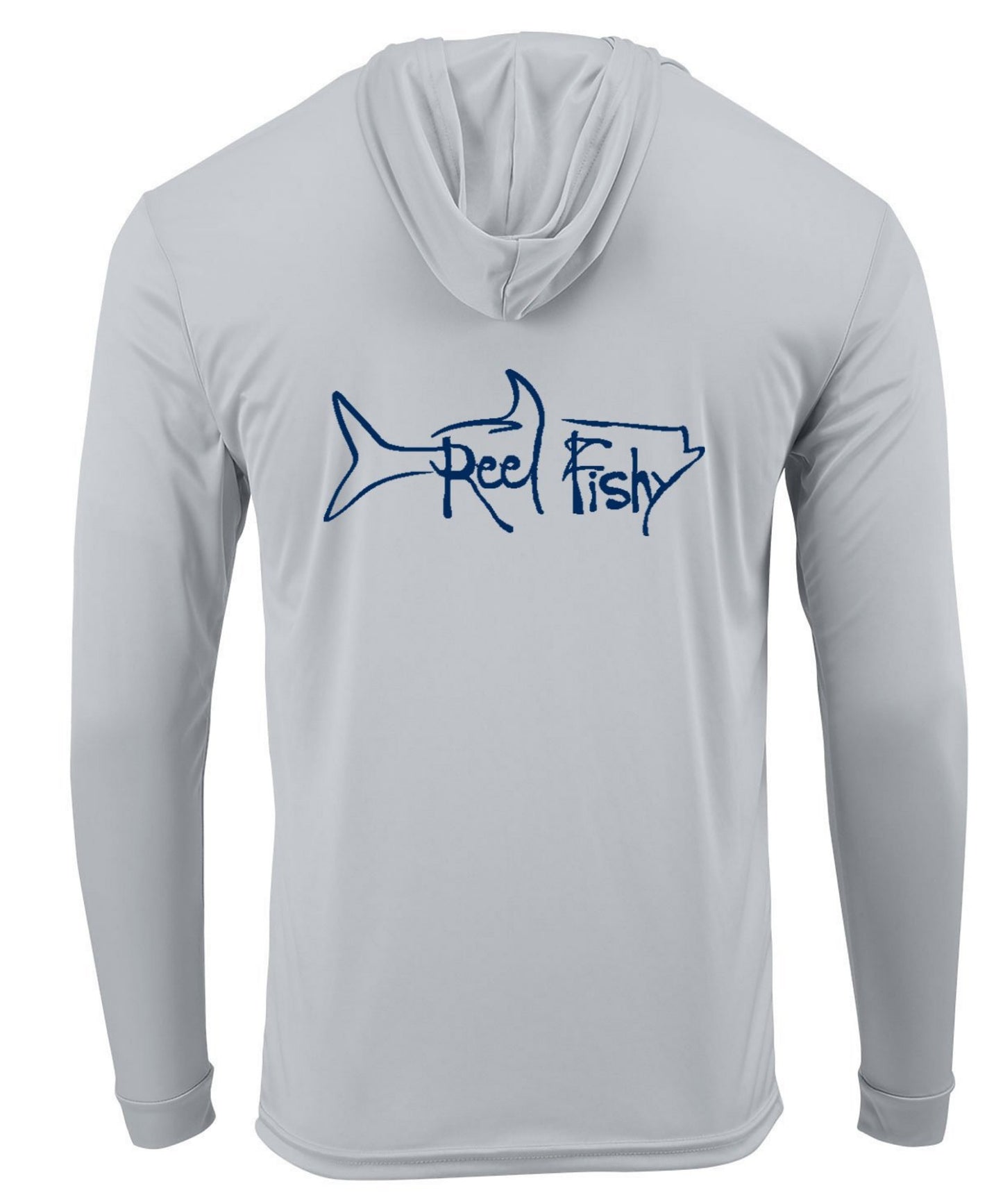 Light gray Reel Fishy Tarpon performance hoodie fishing shirt with long sleeves and 50+ UPF sun protection
