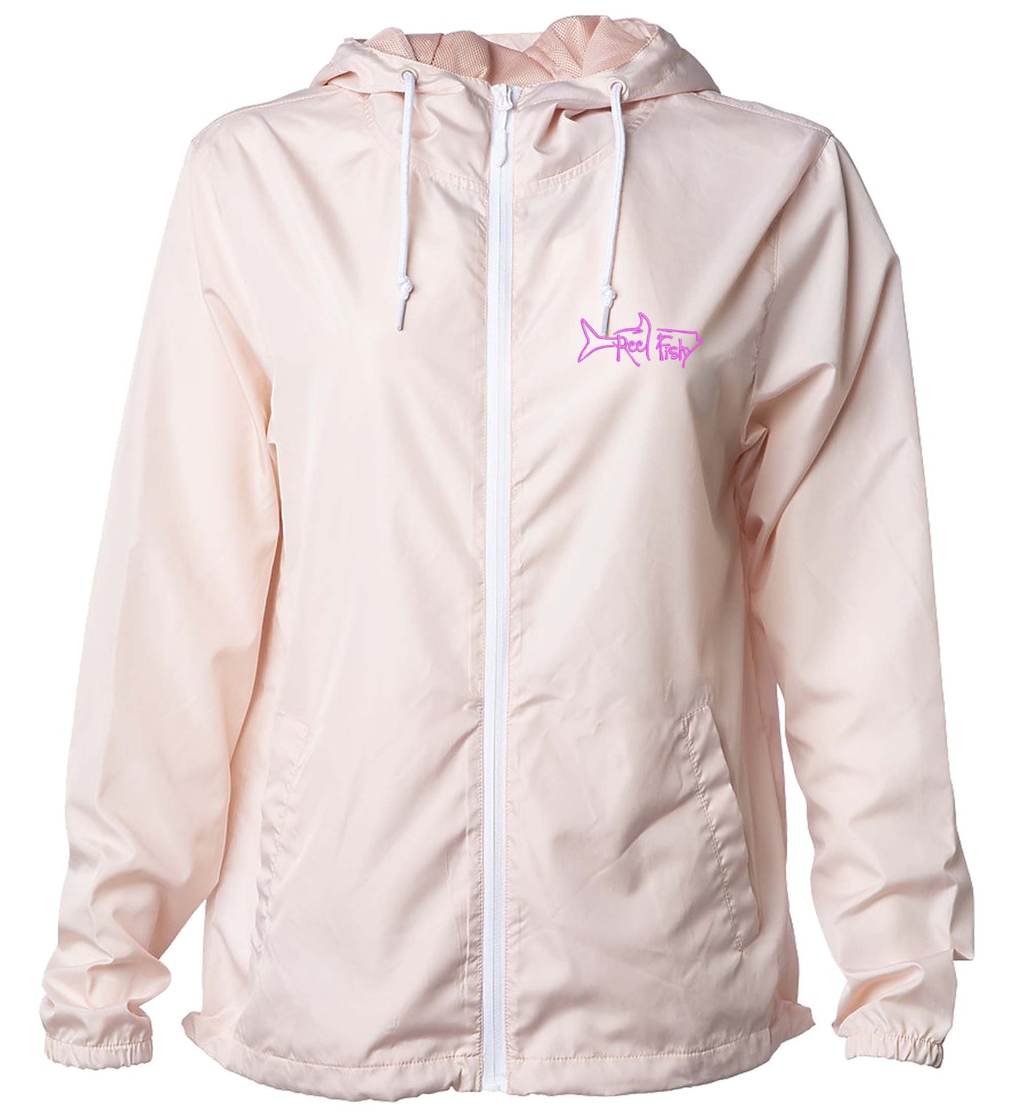 Light pink lightweight windbreaker jacket with hood, water resistant, full zip front closure
