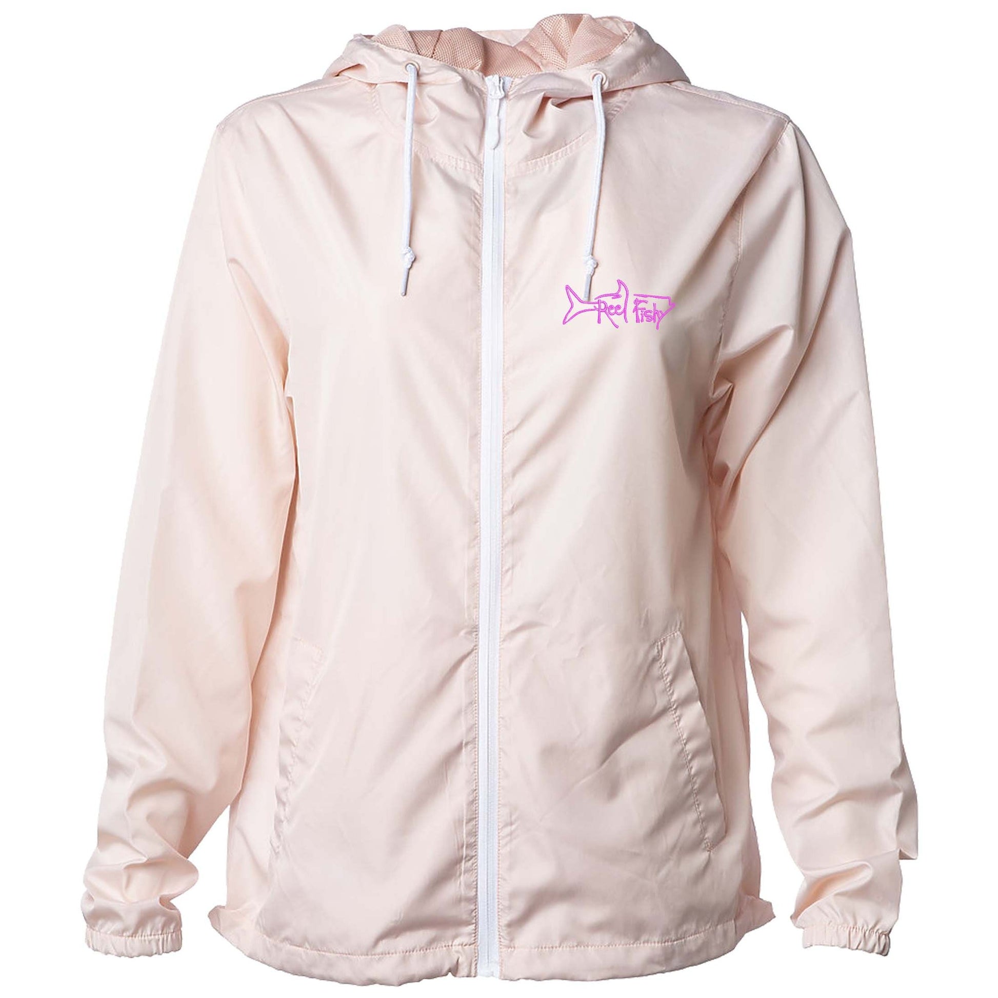 Light pink lightweight windbreaker jacket with hood, water resistant, full zip front closure