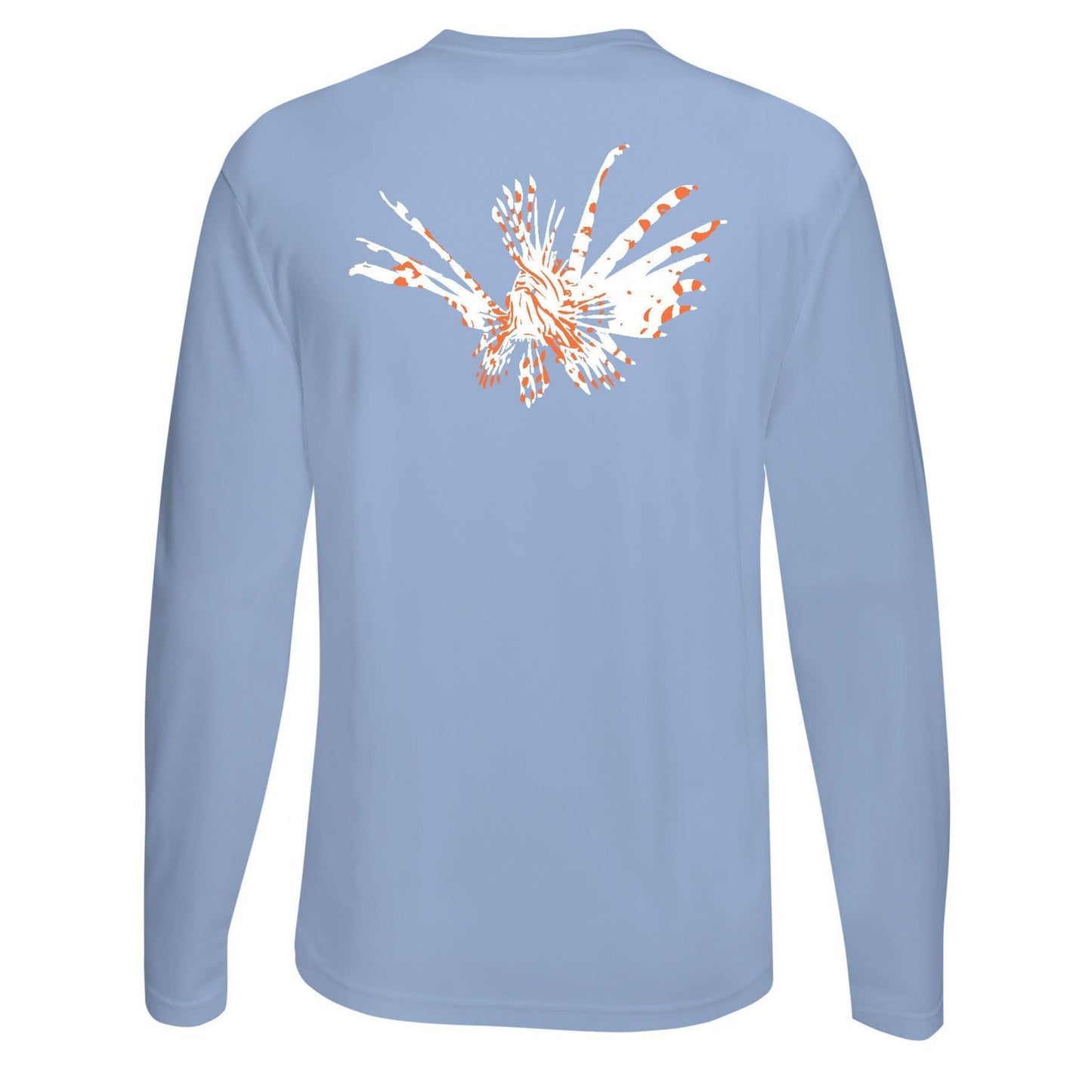 Lionfish logo on light blue long sleeve dry-fit performance shirt