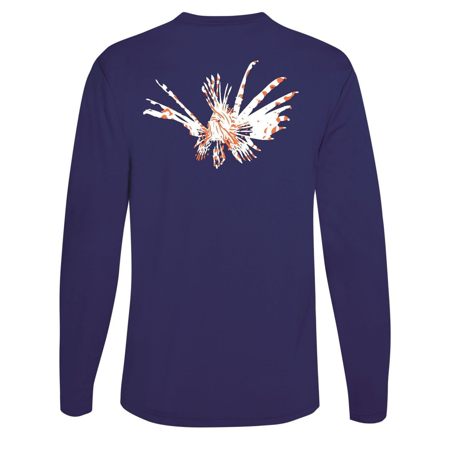 Lionfish logo on navy long sleeve dry-fit performance shirt