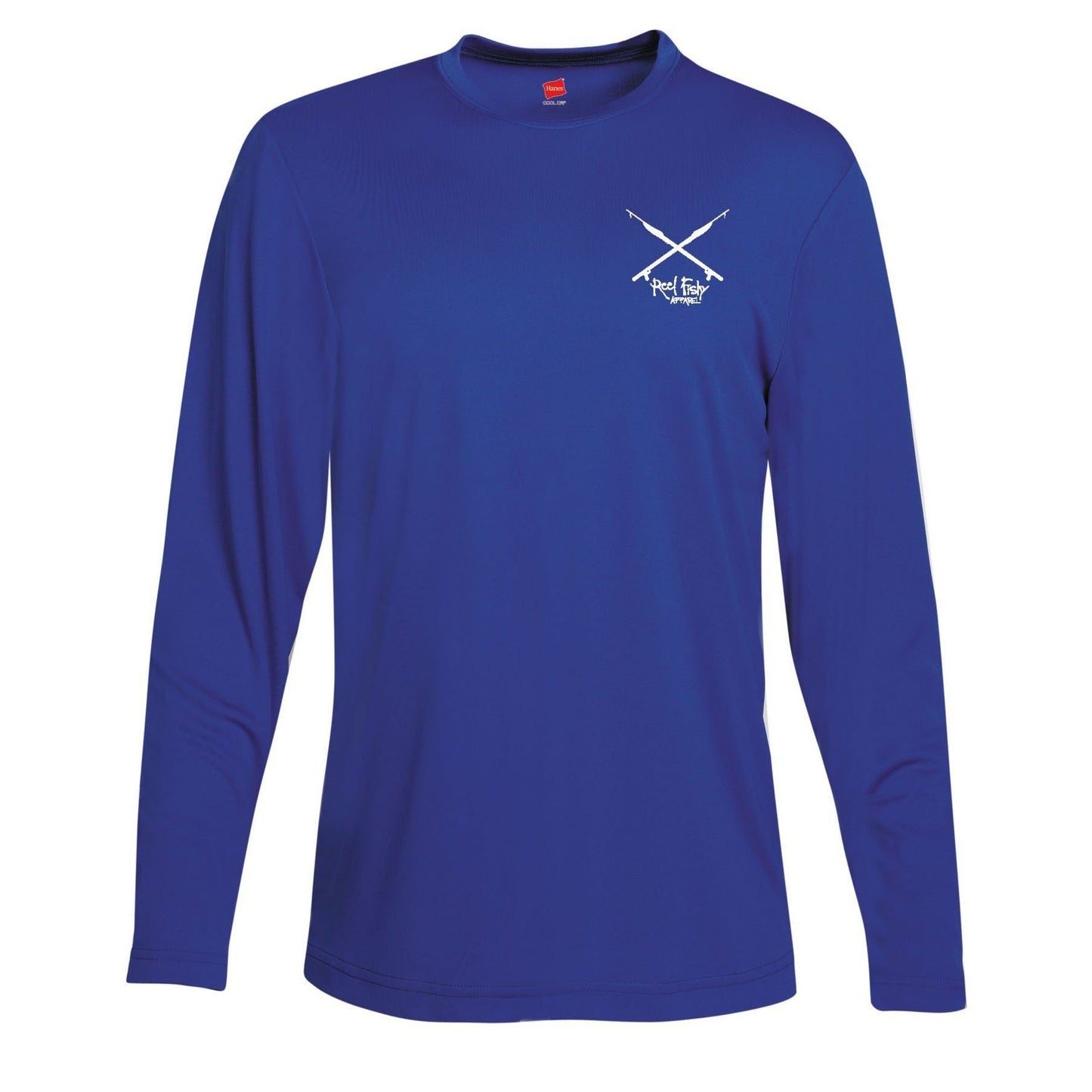 Reel Fishy spearfishing logo on front of Lionfish dry-fit performance shirt on royal blue