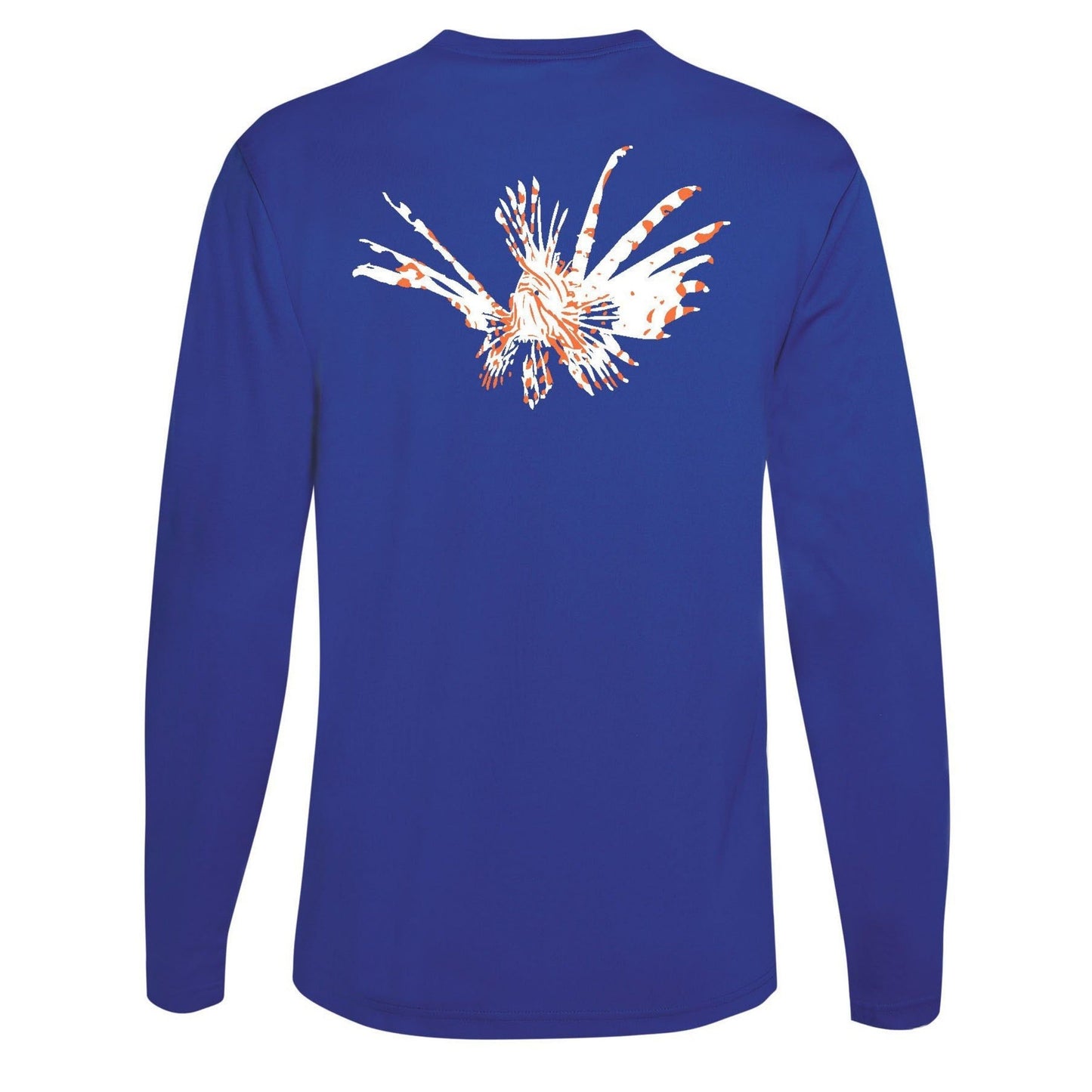 Lionfish logo on royal blue long sleeve dry-fit performance shirt