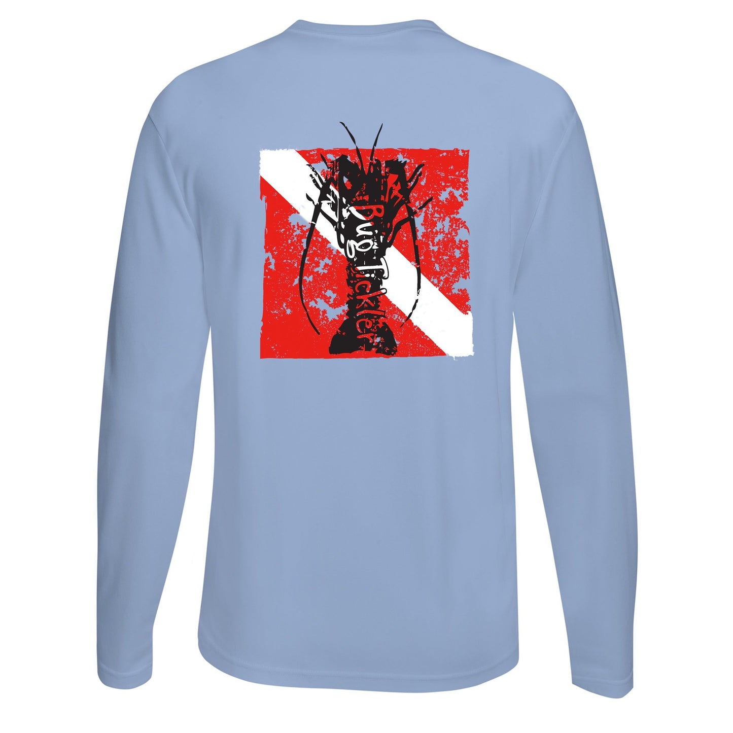 Lobster Performance light blue long sleeve fishing shirt with 50+ UPF sun protection and "Bug Tickler" dive logo