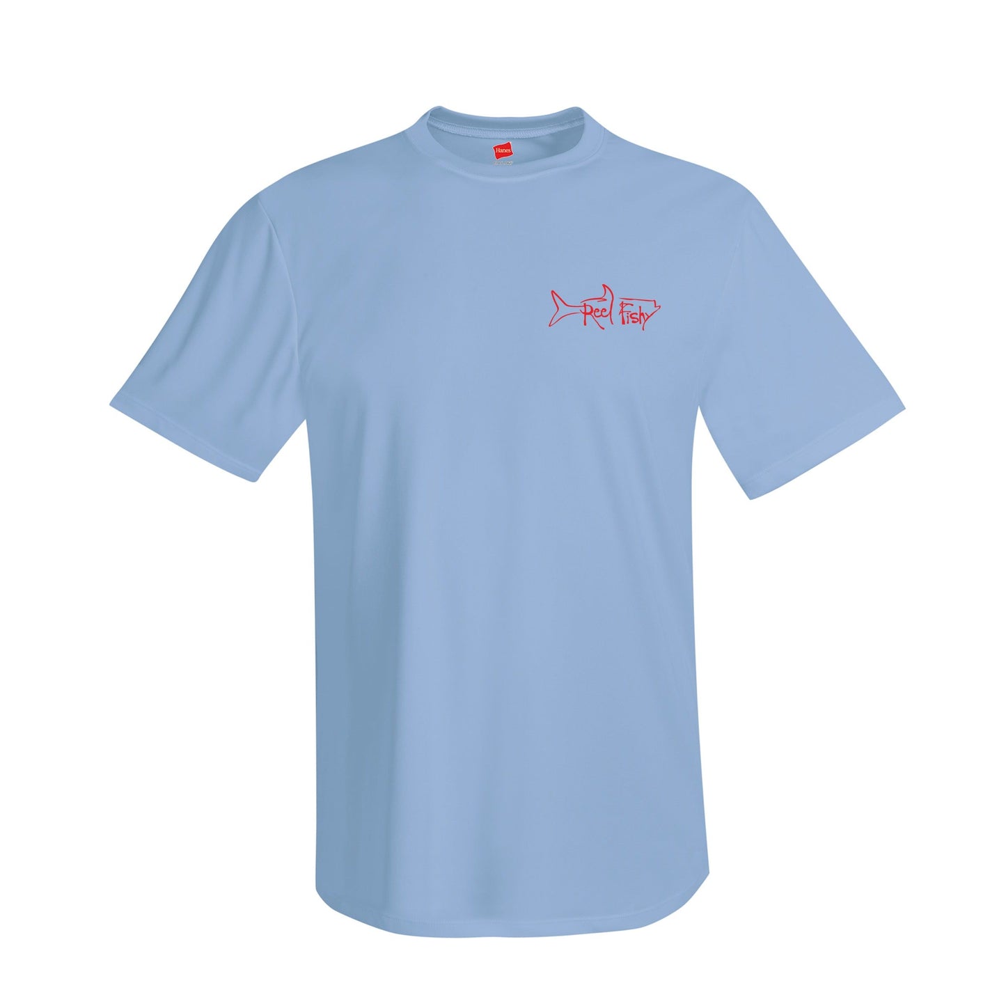 Front of Lobster Performance light blue short sleeve fishing shirt with 50+ UPF sun protection and "Bug Tickler" dive logo