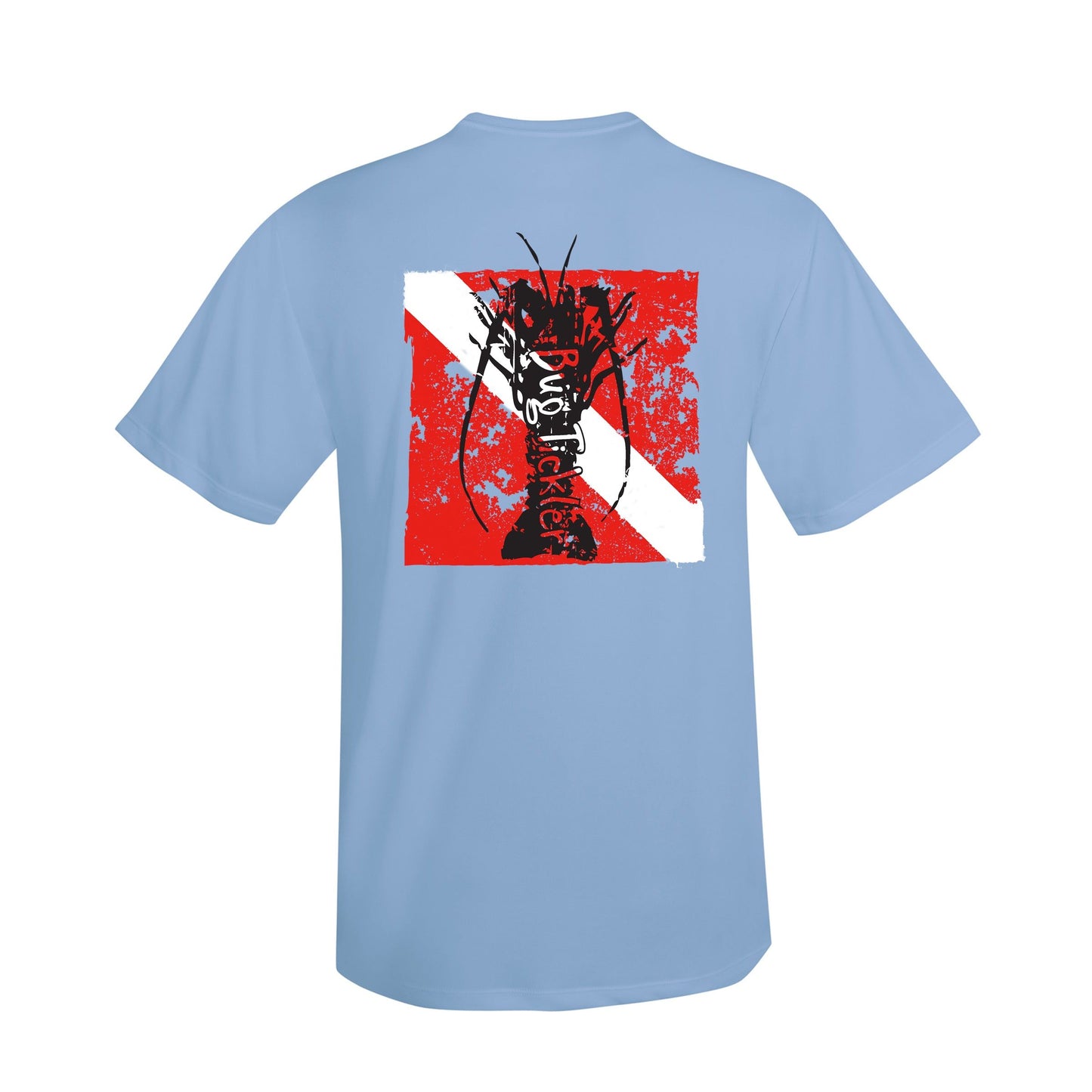 Lobster Performance light blue short sleeve fishing shirt with 50+ UPF sun protection and "Bug Tickler" dive logo