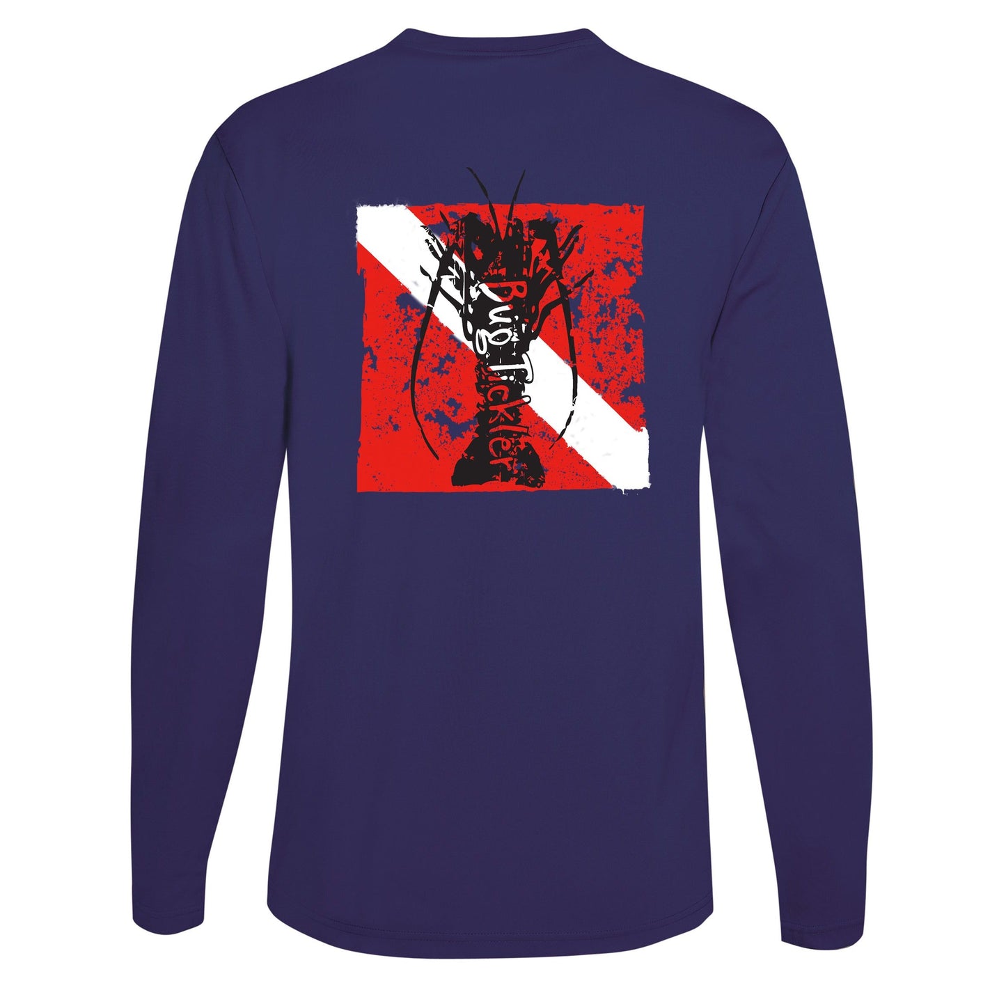 Lobster Performance navy long sleeve fishing shirt with 50+ UPF sun protection and "Bug Tickler" dive logo