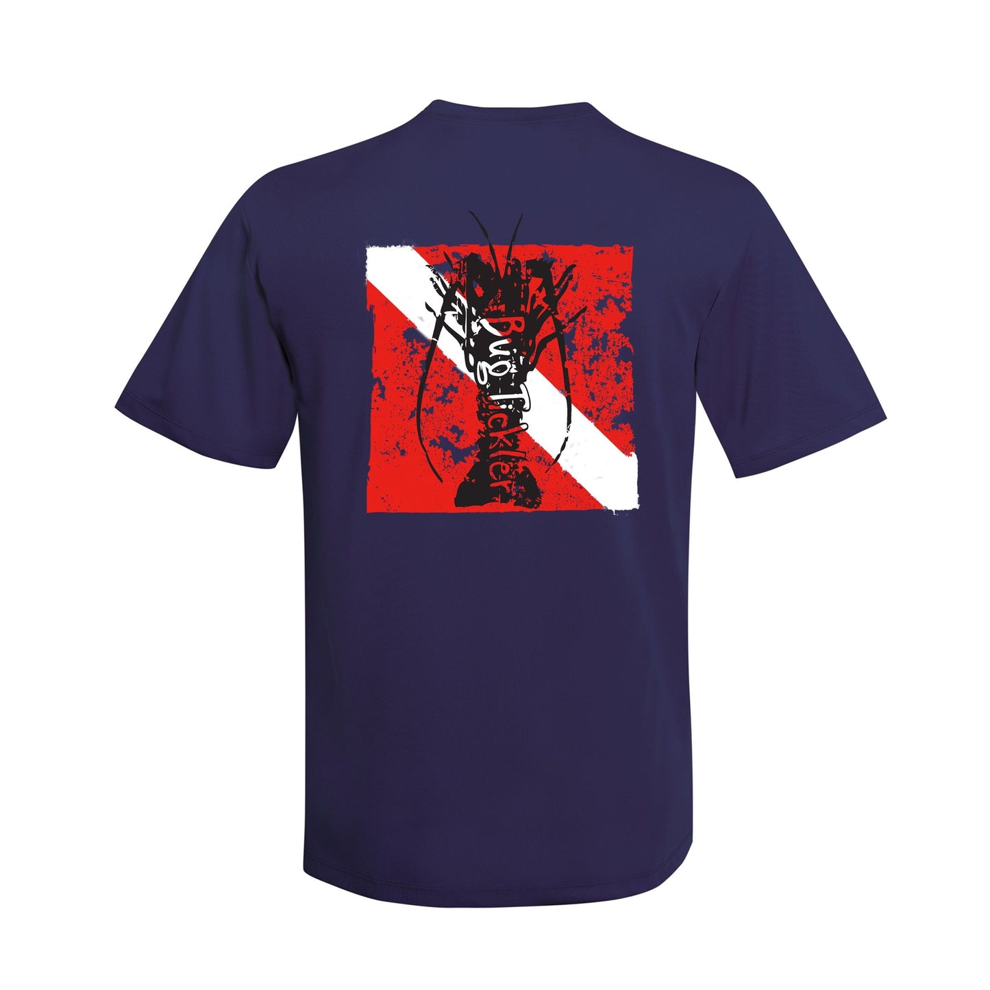 Lobster Performance navy short sleeve fishing shirt with 50+ UPF sun protection and "Bug Tickler" dive logo