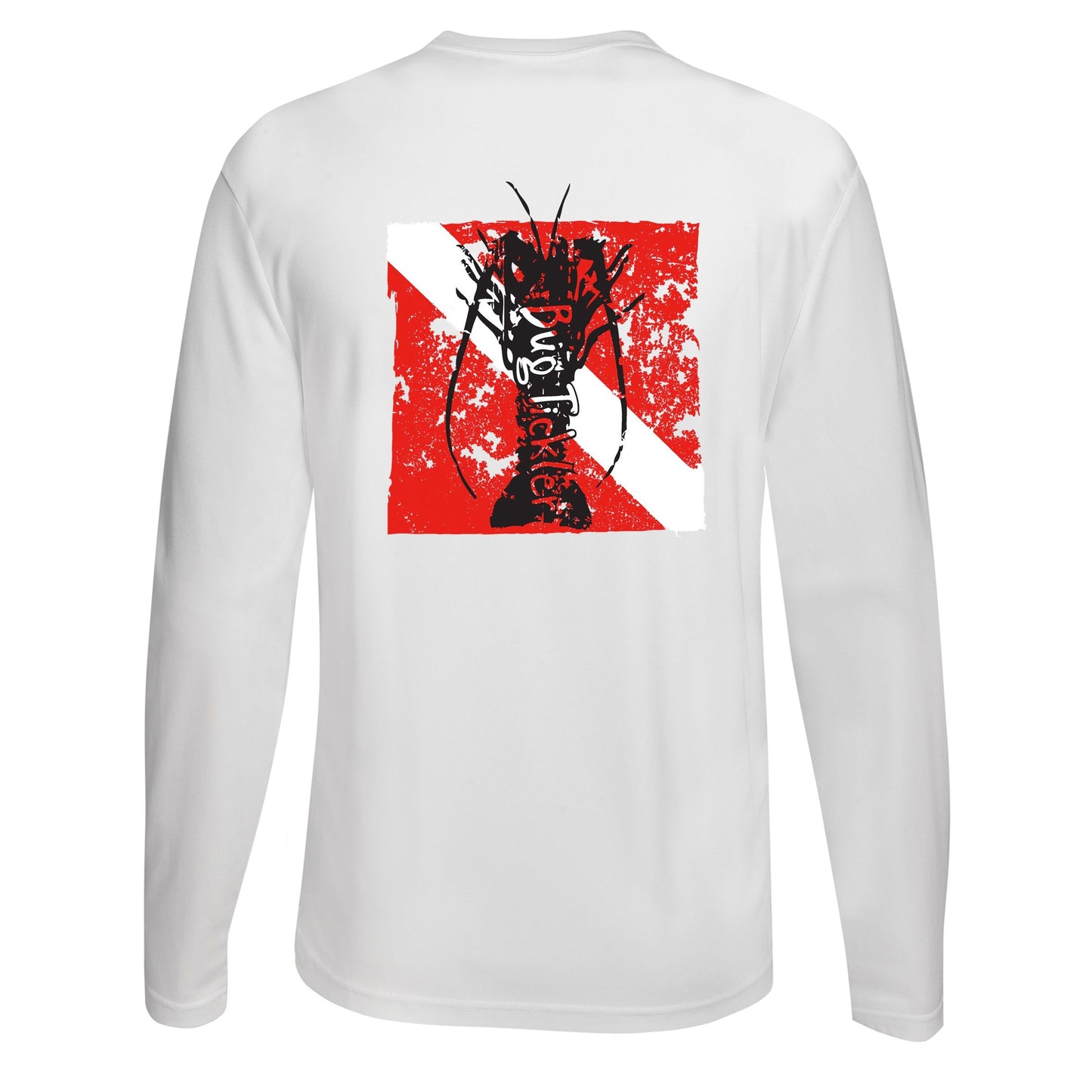 Lobster Performance white long sleeve fishing shirt with 50+ UPF sun protection and "Bug Tickler" dive logo