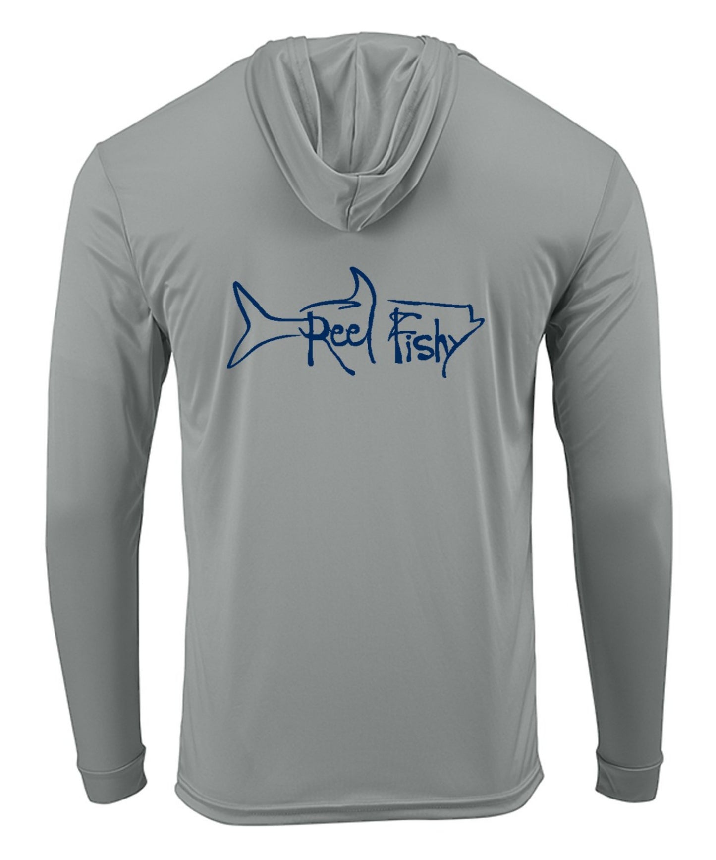 Medium Gray Reel Fishy Tarpon performance hoodie fishing shirt with long sleeves and 50+ UPF sun protection