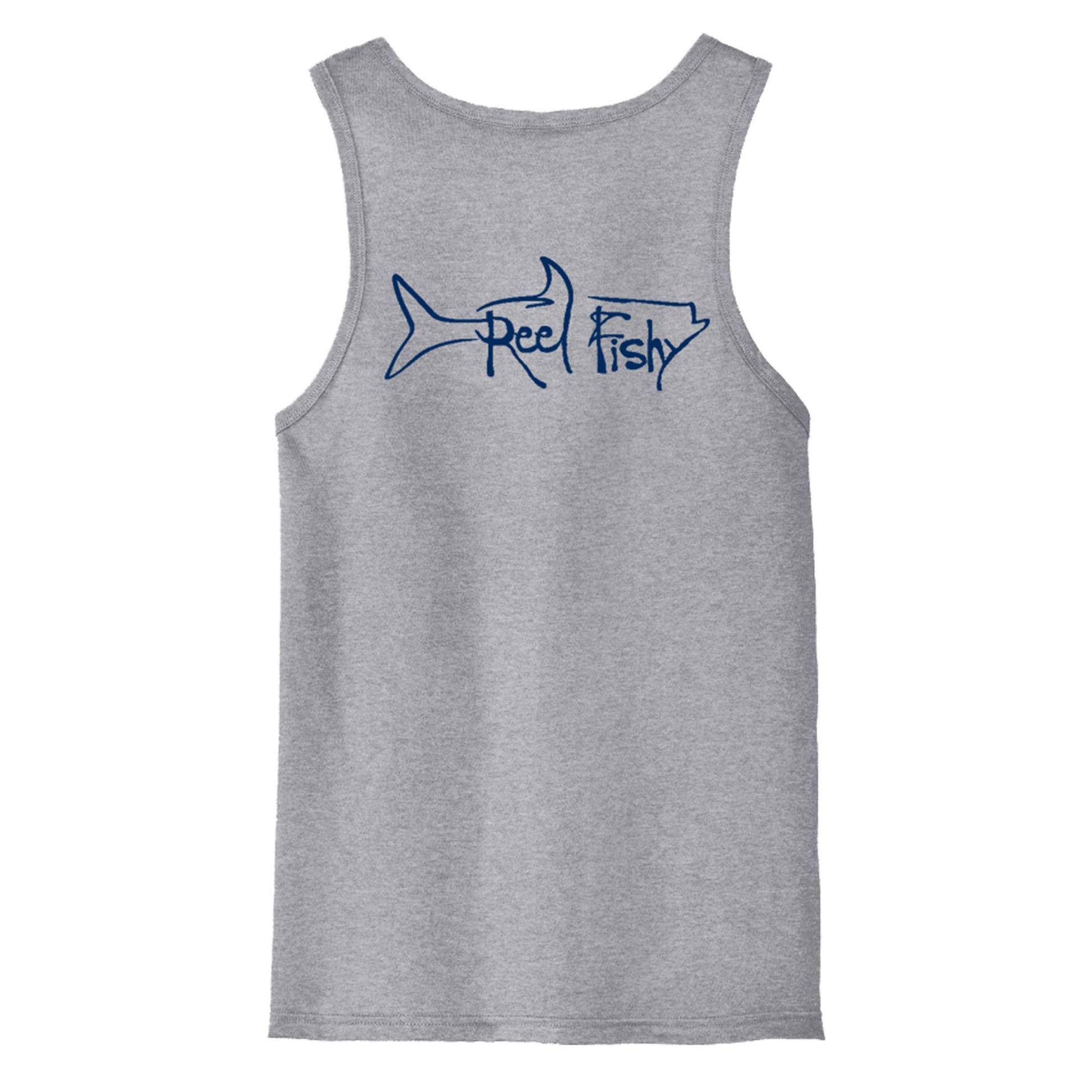 Reel Fishy men’s cotton tank top with Tarpon logo in Heather Grey