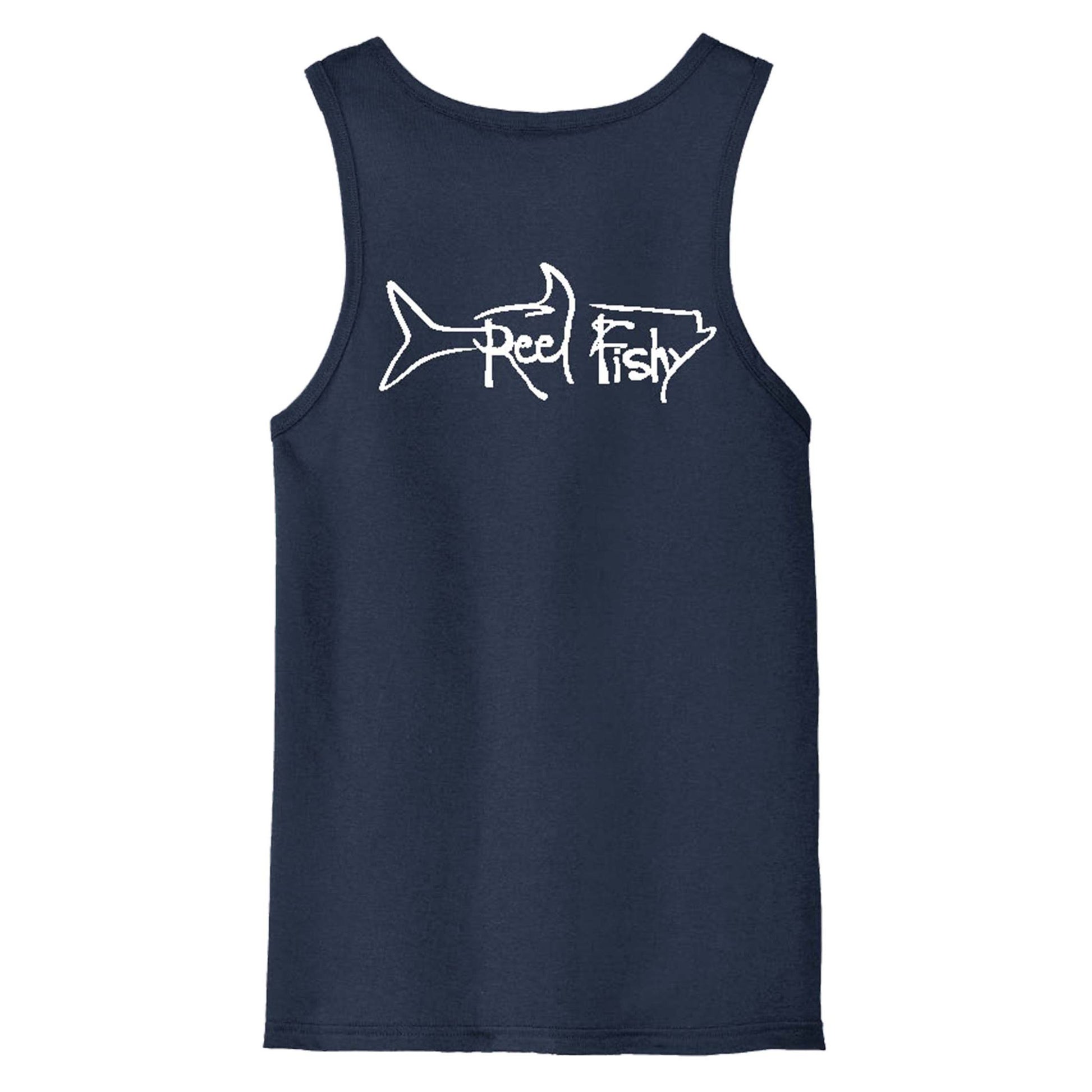 Reel Fishy men’s cotton tank top with Tarpon logo in Navy