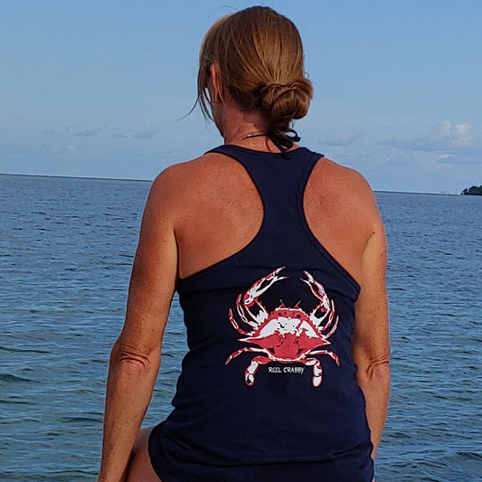 Model wearing Ladies Blue Crab "Reel Crabby" Racerback Tank in Navy