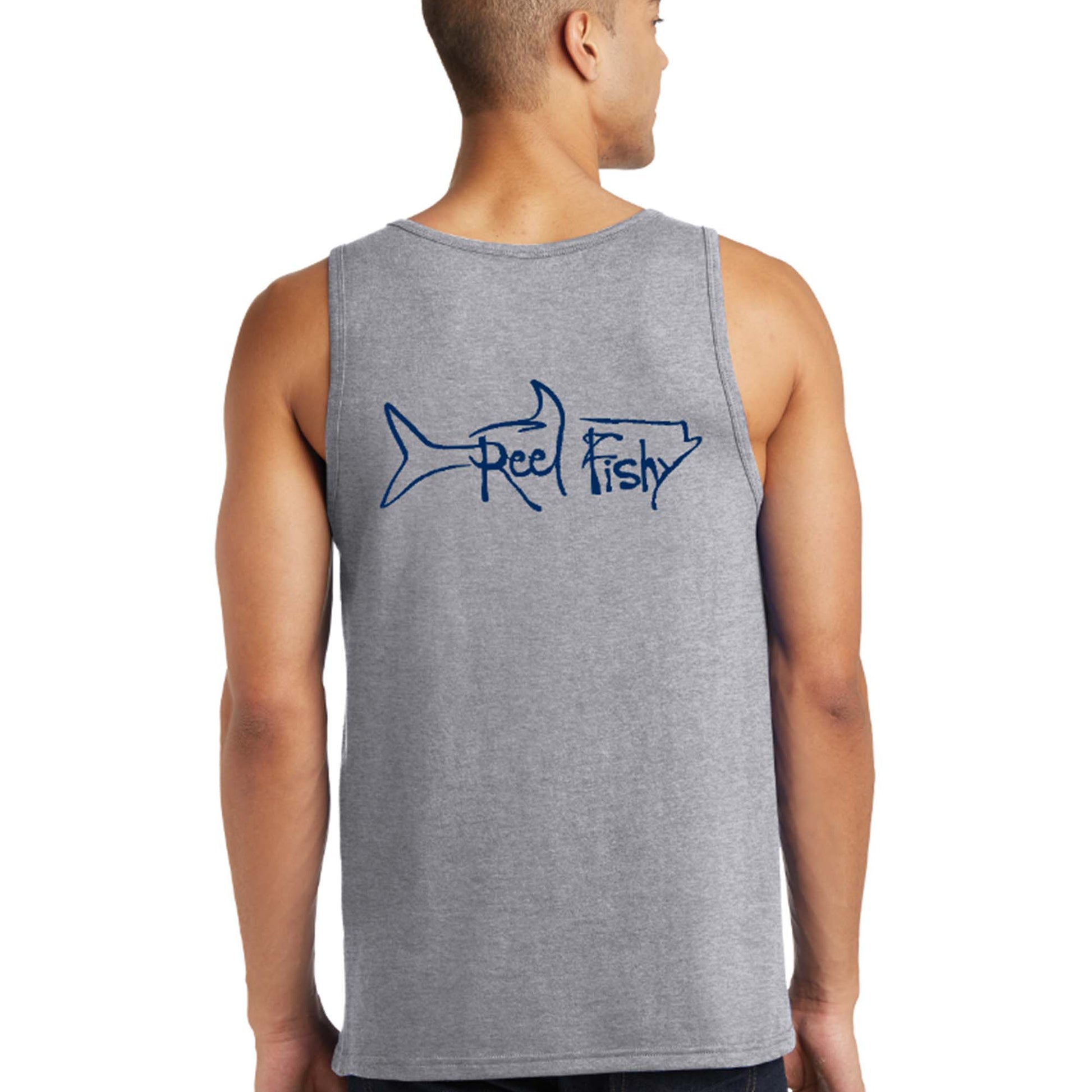 Model wearing Reel Fishy men’s cotton tank top with Tarpon logo in Heather Gray