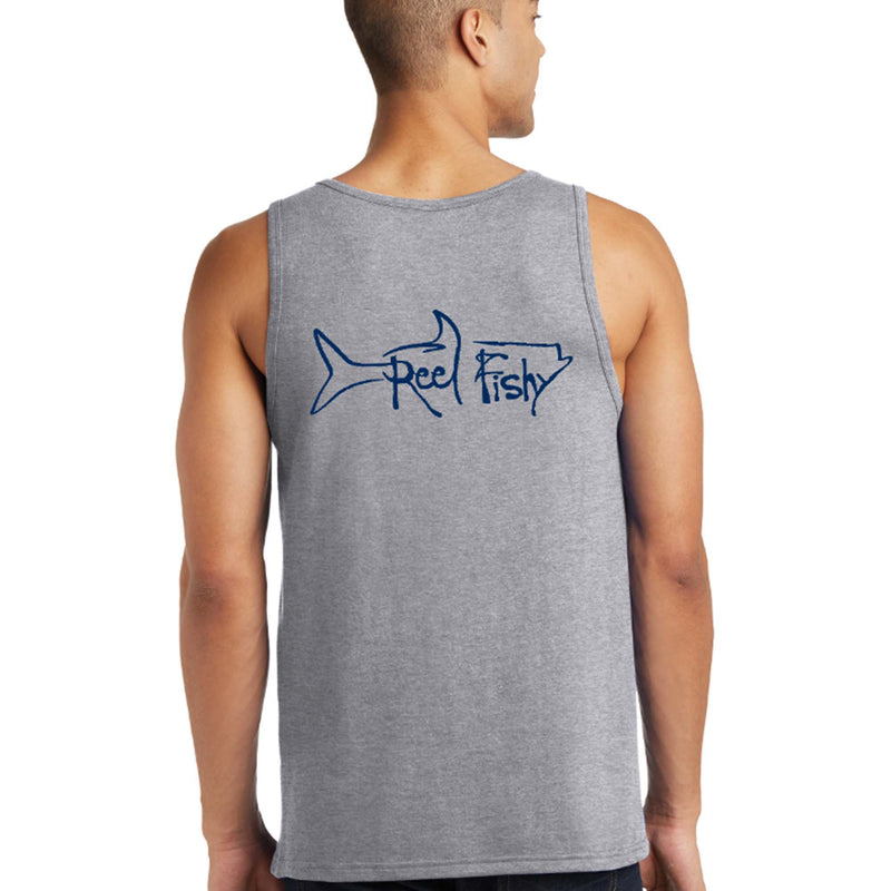 Model wearing Reel Fishy men’s cotton tank top with Tarpon logo in Heather Gray