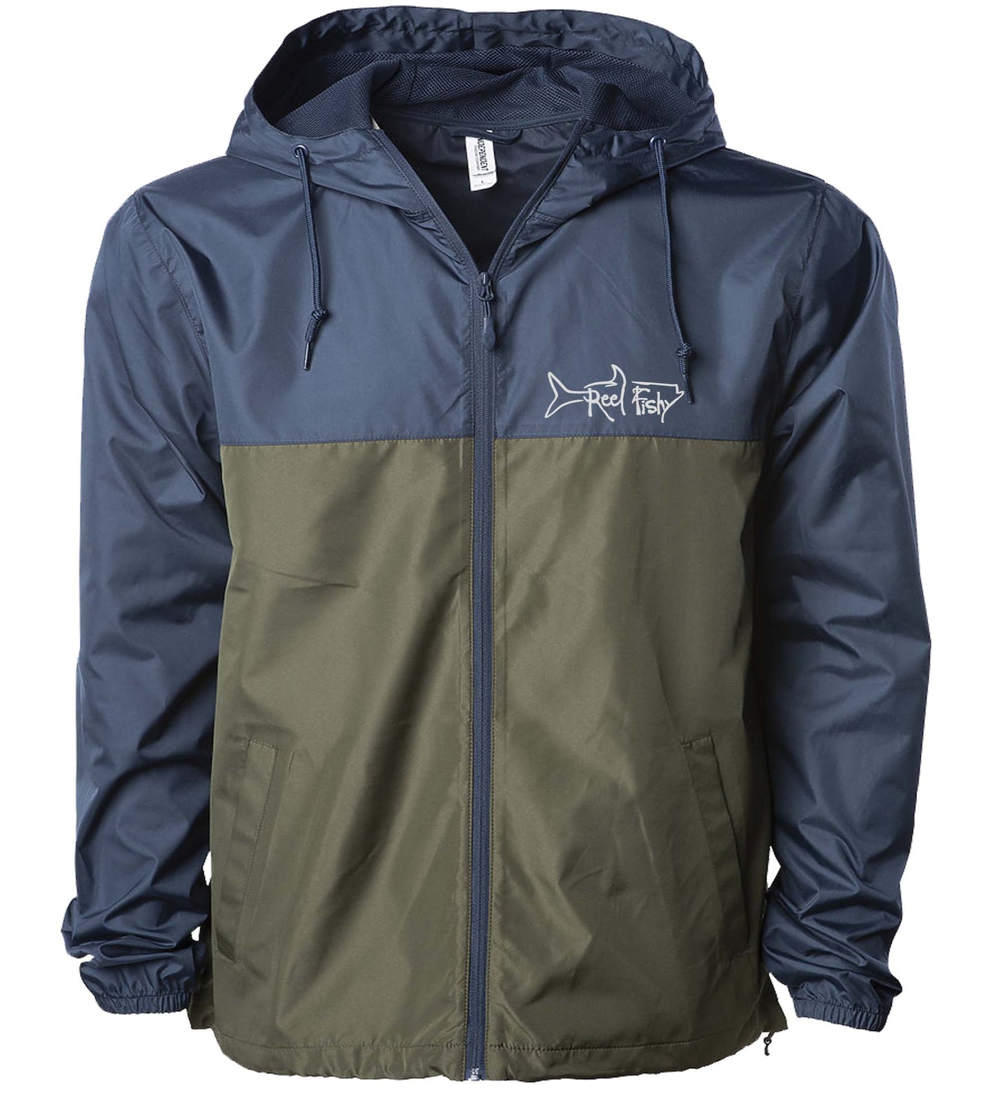 Navy/Army lightweight windbreaker jacket with hood, water resistant, full zip front closure