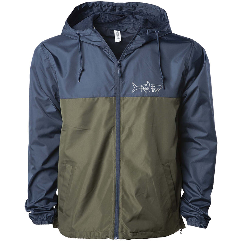 Navy/Army lightweight windbreaker jacket with hood, water resistant, full zip front closure