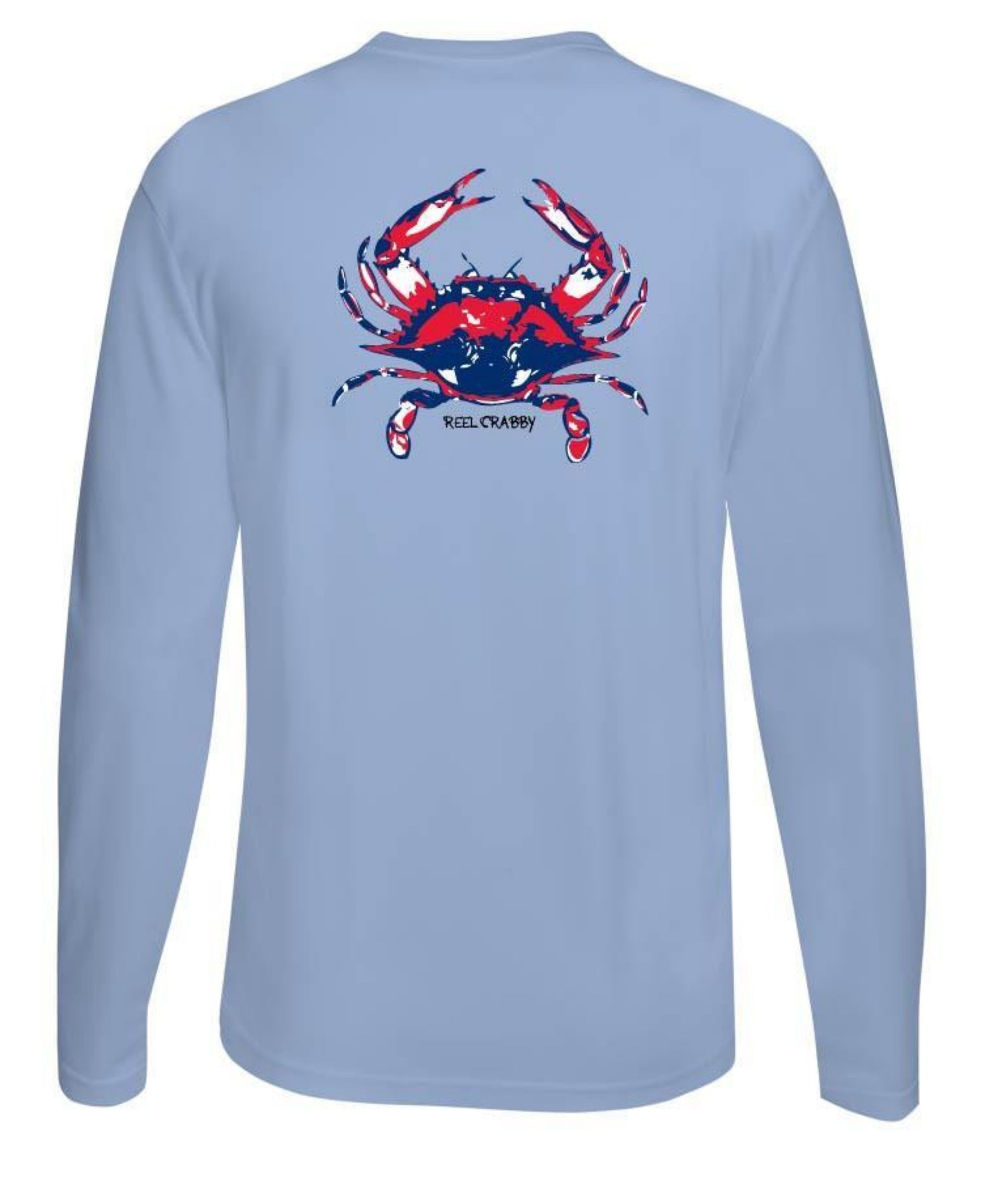 American Blue Crab -Reel Crabby Performance Dry-fit Long Sleeve Shirt with 50+ UV Sun Protection in Light Blue