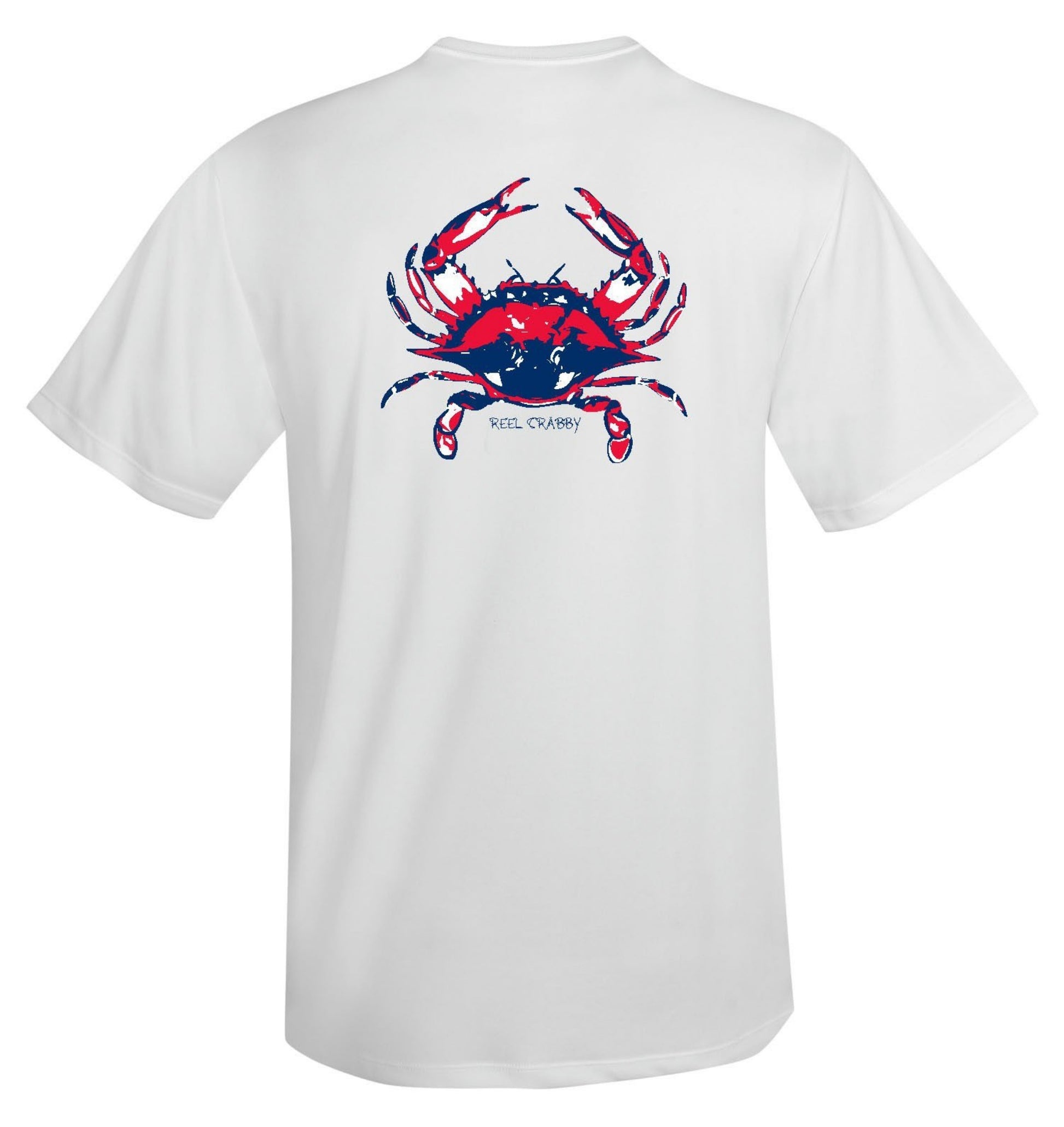 American Blue Crab -Reel Crabby Performance Dry-fit Short Sleeve Shirt with 50+ UV Sun Protection in White