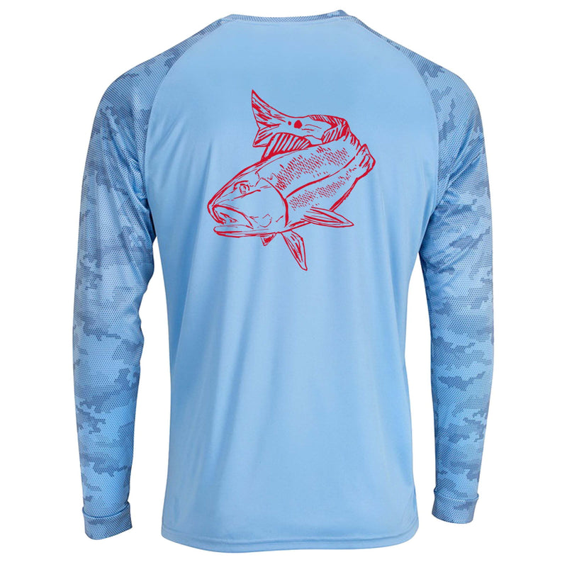 Blue Mist digital camo long sleeve Redfish performance fishing shirt with 50+ UPF sun protection by Reel Fishy