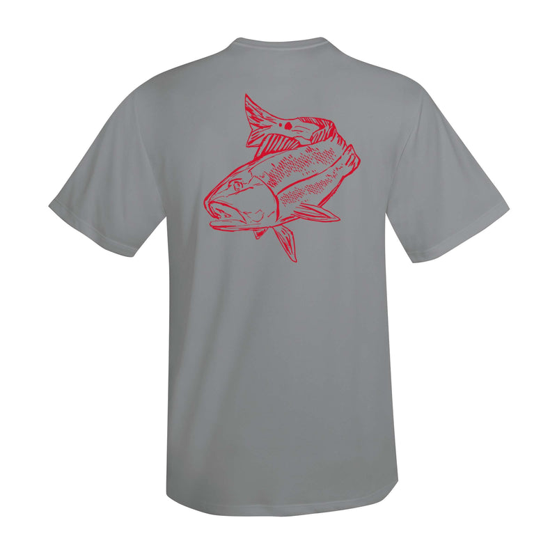 Gray short sleeve Redfish performance fishing shirt with 50+ UPF sun protection by Reel Fishy