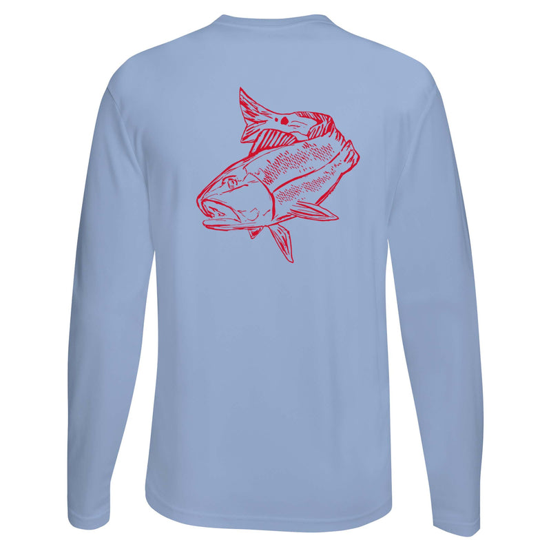 Light Blue long sleeve Redfish performance fishing shirt with 50+ UPF sun protection by Reel Fishy