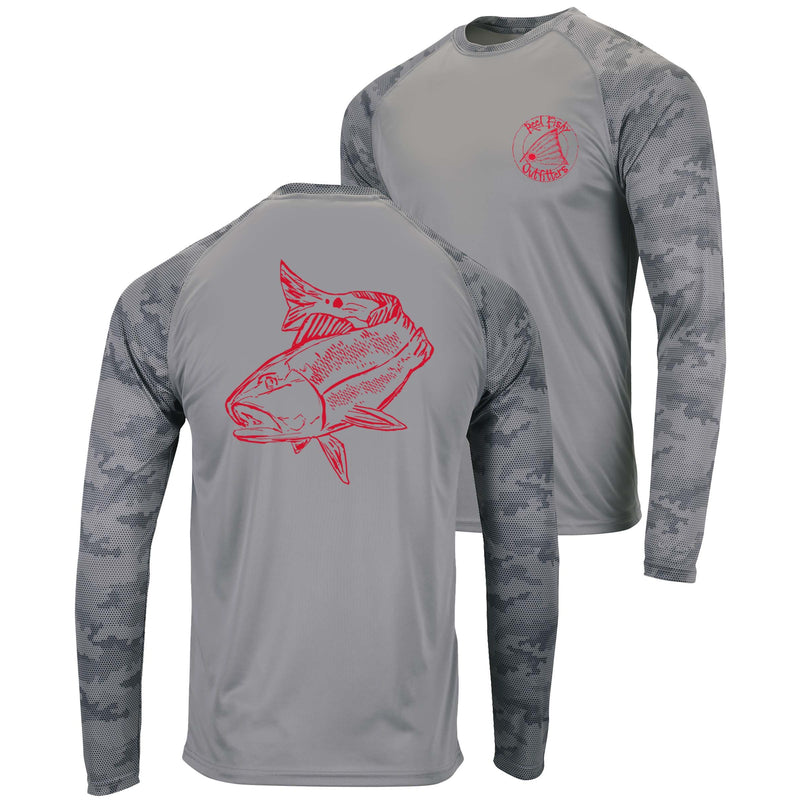 Medium gray digital camo long sleeve Redfish performance fishing shirt with 50+ UPF sun protection by Reel Fishy