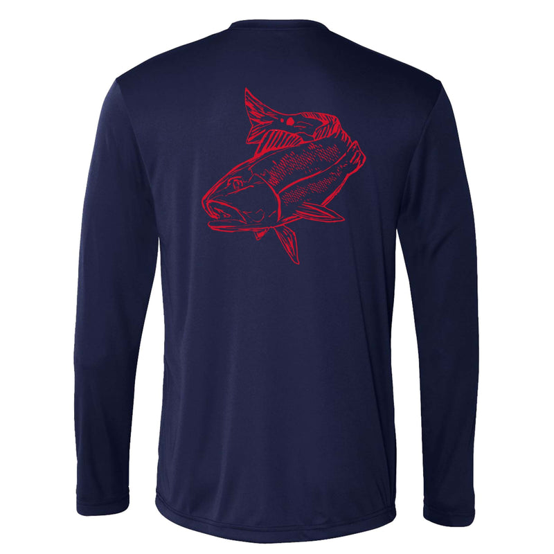 Navy long sleeve Redfish performance fishing shirt with 50+ UPF sun protection by Reel Fishy