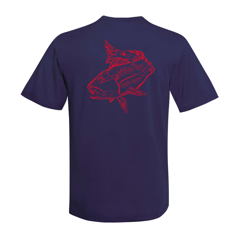 Navy short sleeve Redfish performance fishing shirt with 50+ UPF sun protection by Reel Fishy