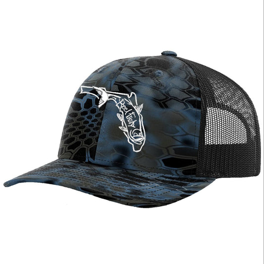Reel Fishy Tarpon State of Florida design trucker hat in Kryptek Neptune and Black