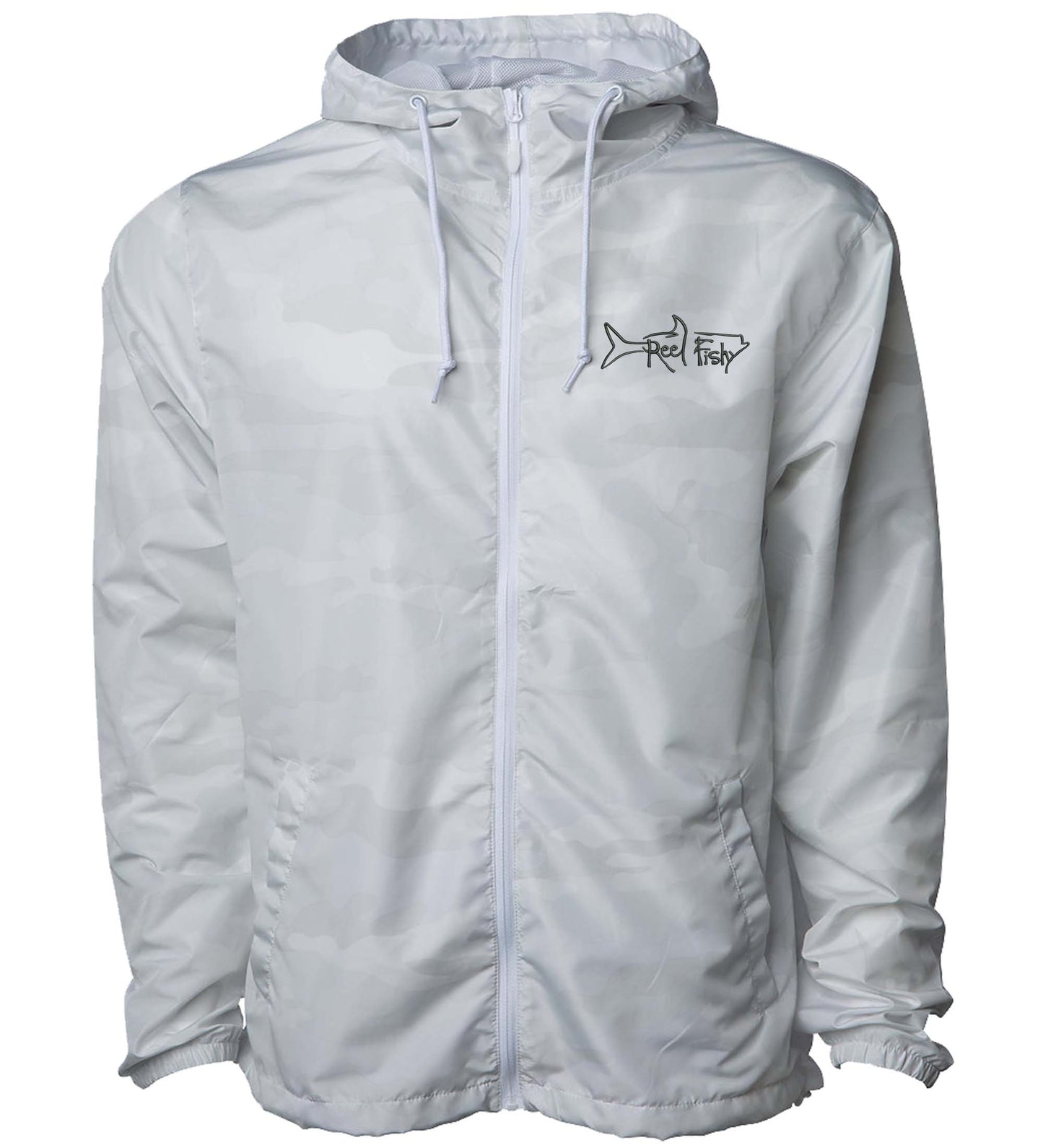 White camo lightweight windbreaker jacket with hood, water resistant, full zip front closure