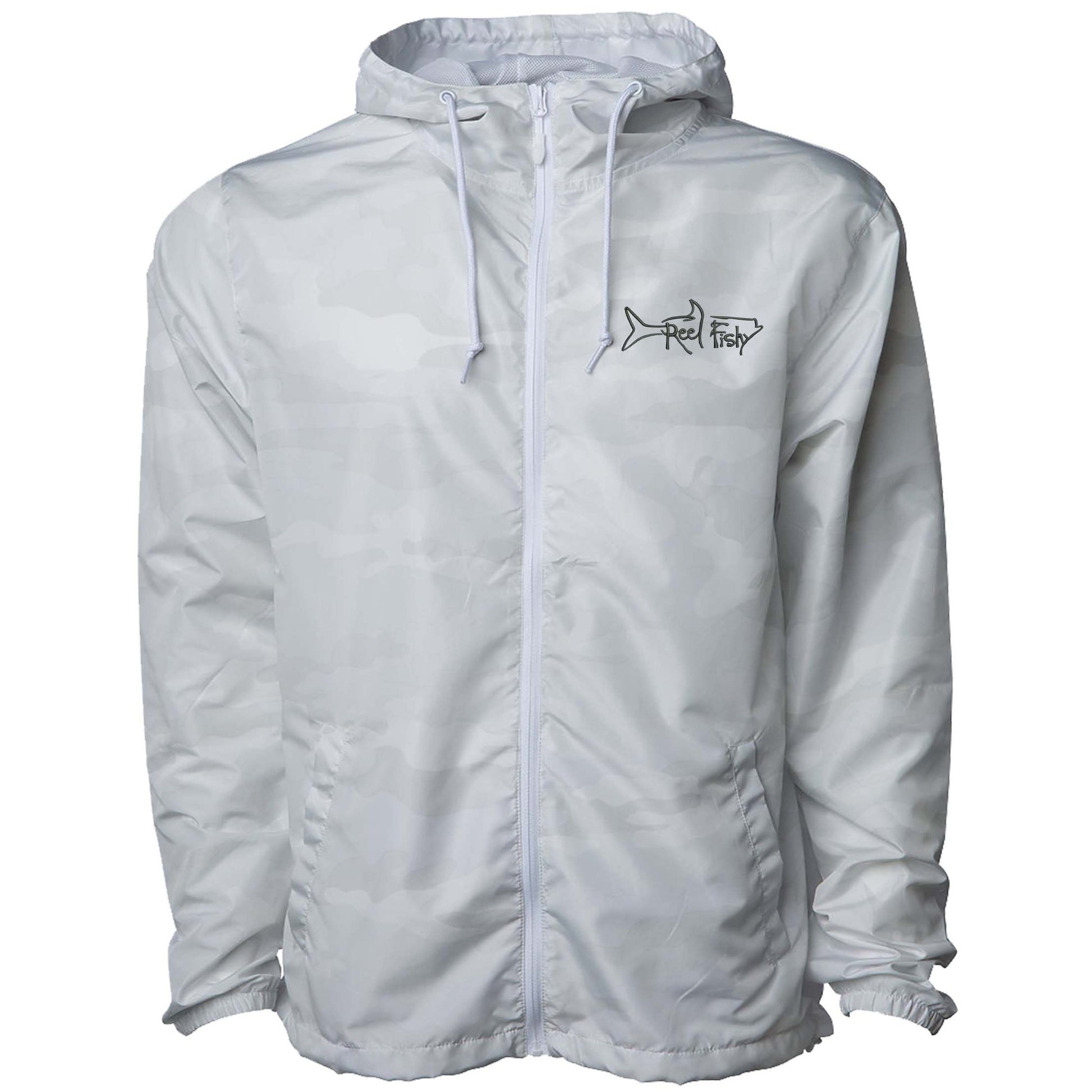 White camo lightweight windbreaker jacket with hood, water resistant, full zip front closure