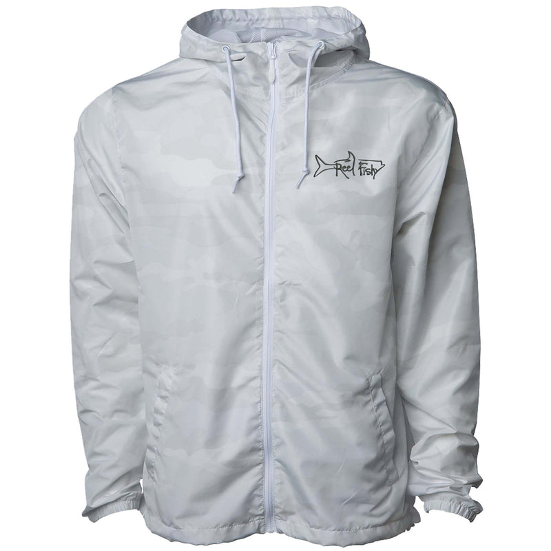 White camo lightweight windbreaker jacket with hood, water resistant, full zip front closure