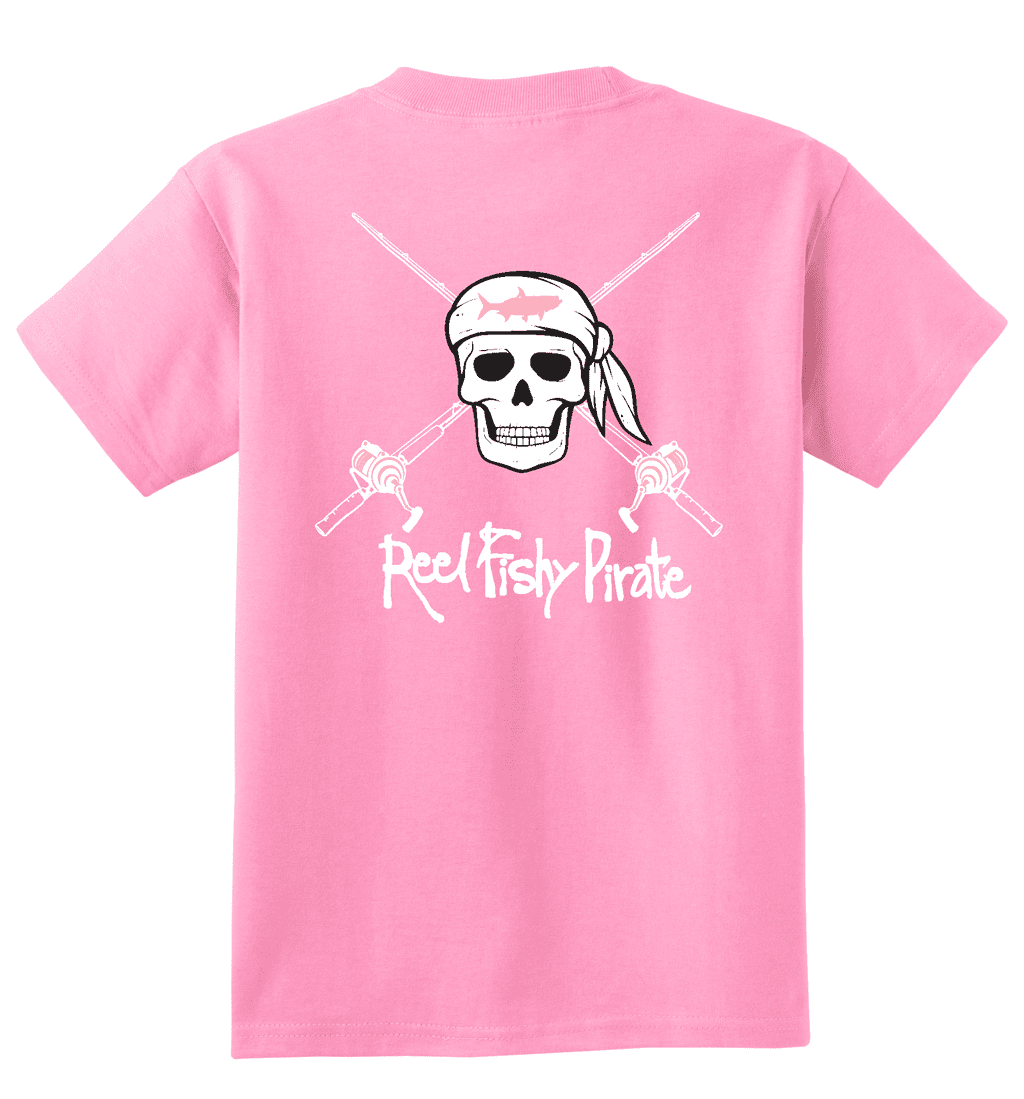 Youth Fishing Cotton T-shirts with Reel Fishy Pirate Skull & Salt Fishing Rods Logo 12M / Candy Pink